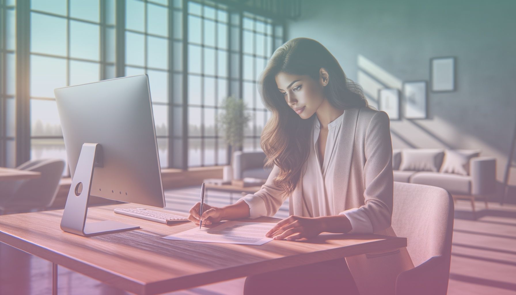 Bir masa başında, bilgisayar başında başvuru formunu dolduran modern, profesyonel bir kişi. working in a aydınlık, şık bir ofis ortamı. arka planda modern dekoratif unsurlar ve geniş bir pencere, huzur verici bir manzara sunuyor.. Scene is lit with doğal gün ışığı, odaya geniş pencerelerden giriyor. hafif gölgelerle rahat bir atmosfer yaratılıyor, sakin ve profesyonel bir his sağlıyor..