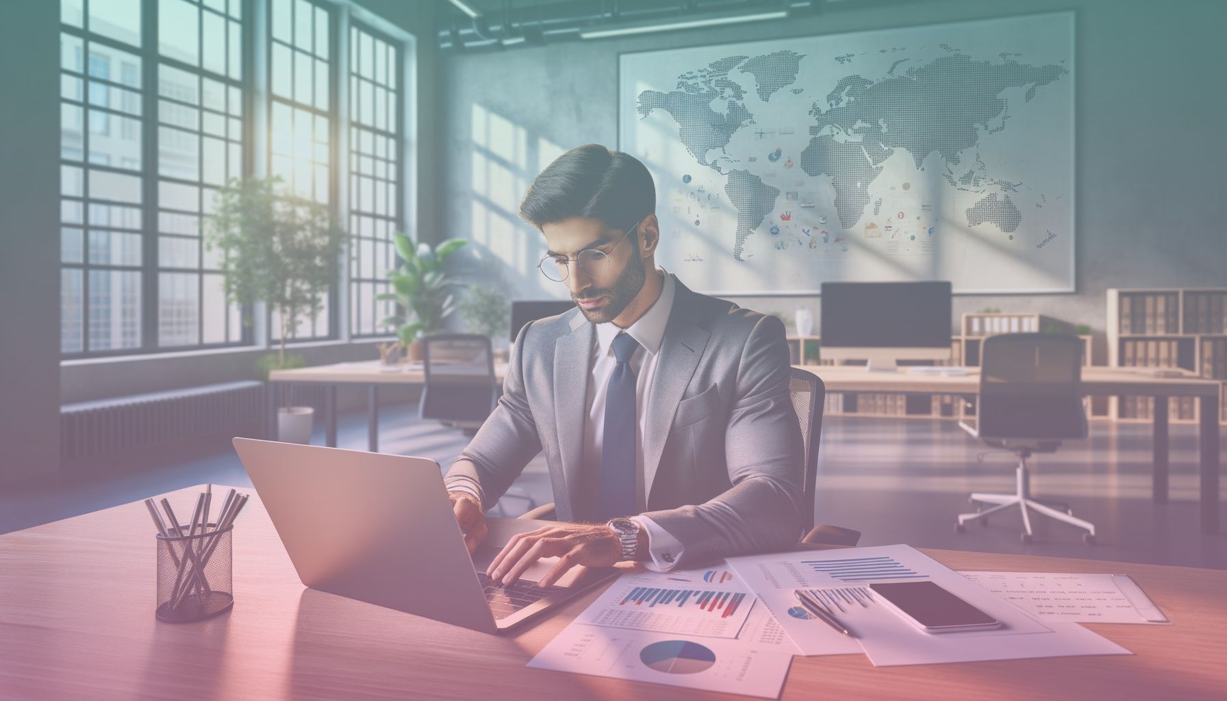 A professional accountant sitting at a modern desk, inputting data into a sleek laptop running the 'Kolay Reklam Faturası Hesaplama Aracı' software. working in a a well-organized office with a contemporary design, featuring large windows offering natural light, green plants for a fresh ambiance, and a large world map on the wall indicating global business. the desktop is clutter-free, hosting only essential office supplies such as notepads, pens, and a calculator, contributing to a highly professional and tidy environment.. Scene is lit with natural daylight streaming through windows creates a soft and bright environment, complemented by focused task lighting on the desk. the atmosphere is one of clarity and professionalism, encapsulating a productive workday..