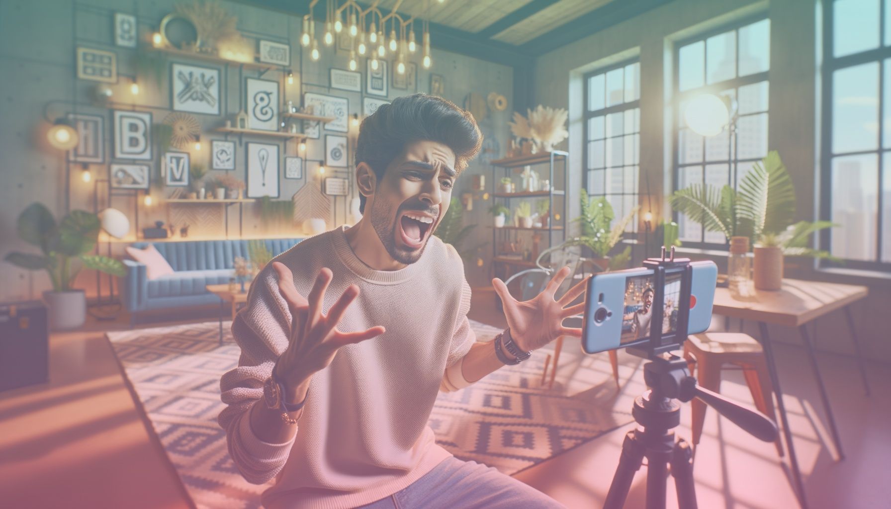 A creative TikTok influencer using a smartphone to capture engaging content. working in a in a modern, well-lit studio space with aesthetic decor, emphasizing a digital content creation environment.. Scene is lit with bright and vivid lighting to capture energy and focus attention on the influencer, with soft shadows creating depth..