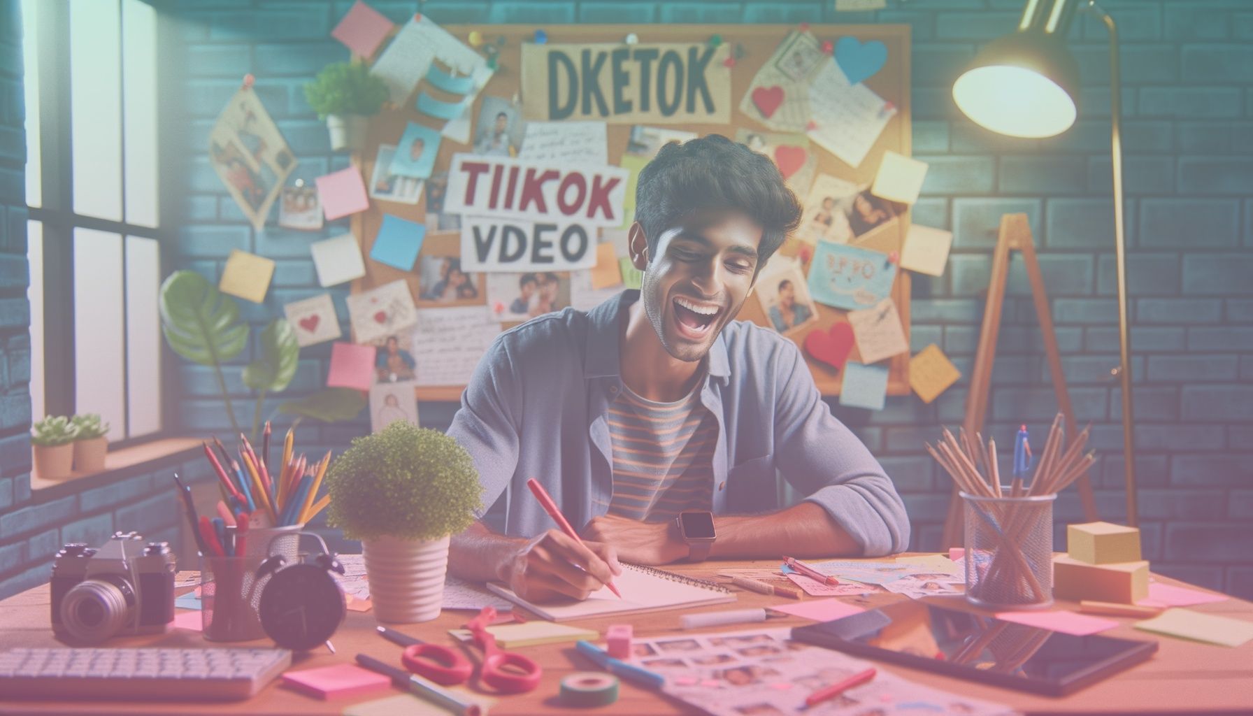 A young content creator, genuinely relatable, brainstorming TikTok video ideas, surrounded by notes and props. working in a in a vibrant, cozy room filled with creative tools. a bulletin board with ideas, small potted plants on a desk, creating a warm ambiance.. Scene is lit with bright, inviting lighting that highlights positivity and creativity; shadows add depth, reflecting a dynamic and lively environment..