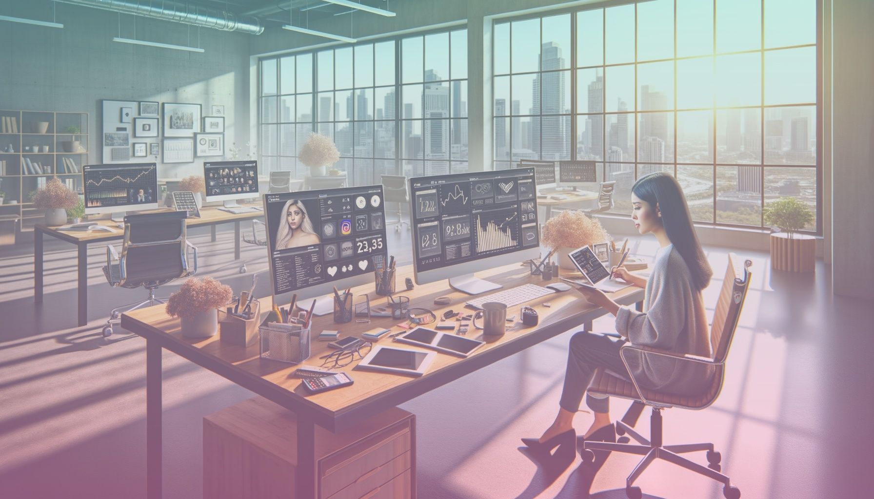 A young digital marketer at a stylish desk, engaging with multiple screens featuring Instagram analytics and influencer profiles. working in a a modern office with sleek furniture, large windows providing natural light, and digital gadgets scattered on the desk. the background features a trendy cityscape visible through the windows, implying a connection to a bustling, urban life.. Scene is lit with bright morning light floods the room, casting soft, natural shadows. the atmosphere is vibrant and energetic, reflecting a sense of forward-thinking digital engagement..