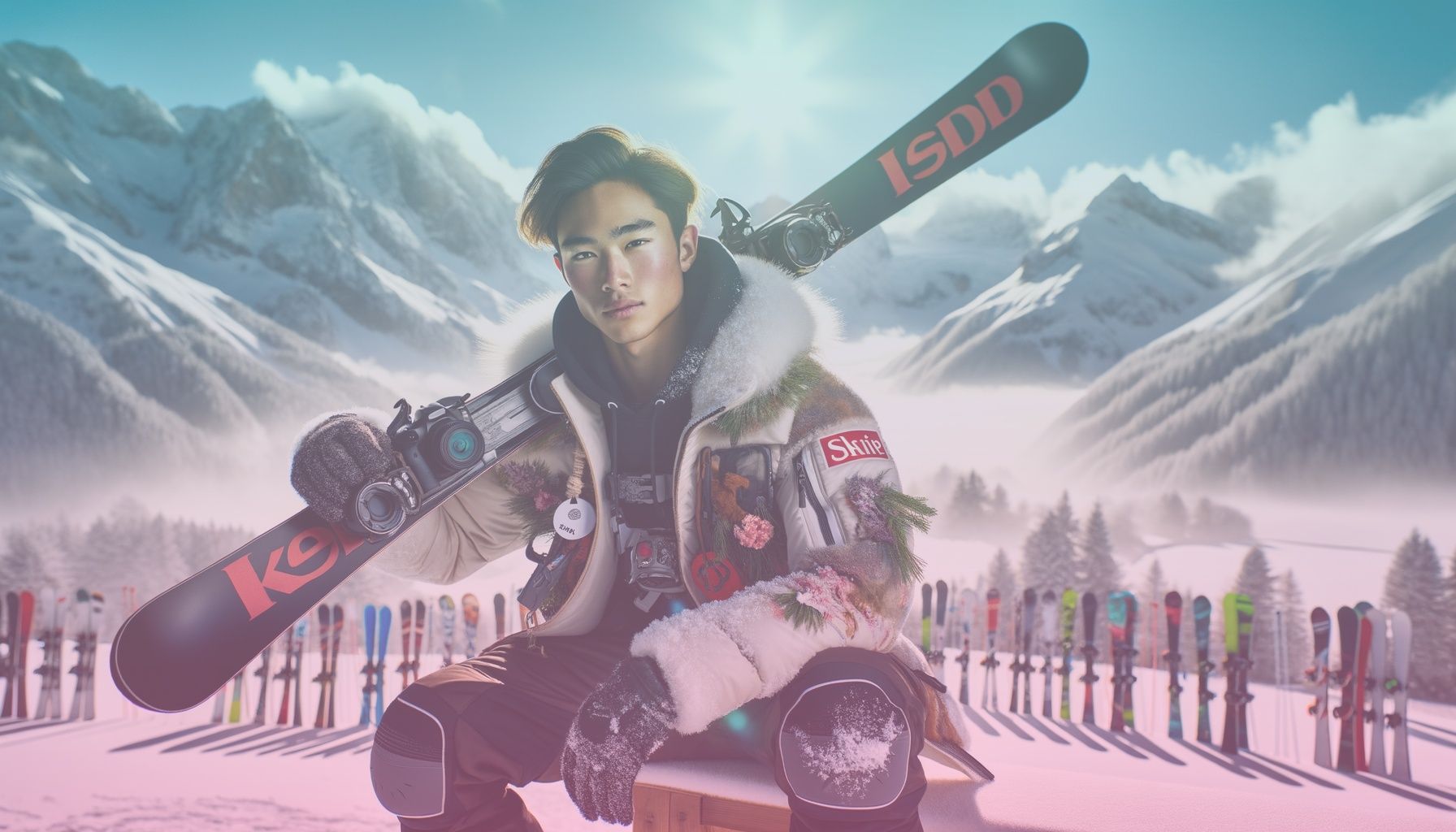 A prominent winter sports influencer actively engaging with followers about a new ski brand. working in a a picturesque snow-capped mountain setting, capturing the essence of a thrilling winter sports scene with elements like a snowboard, ski equipment, and a branded jacket.. Scene is lit with crisp, natural winter light highlighting the subject against a bright snowy backdrop, creating an uplifting and energetic tone..