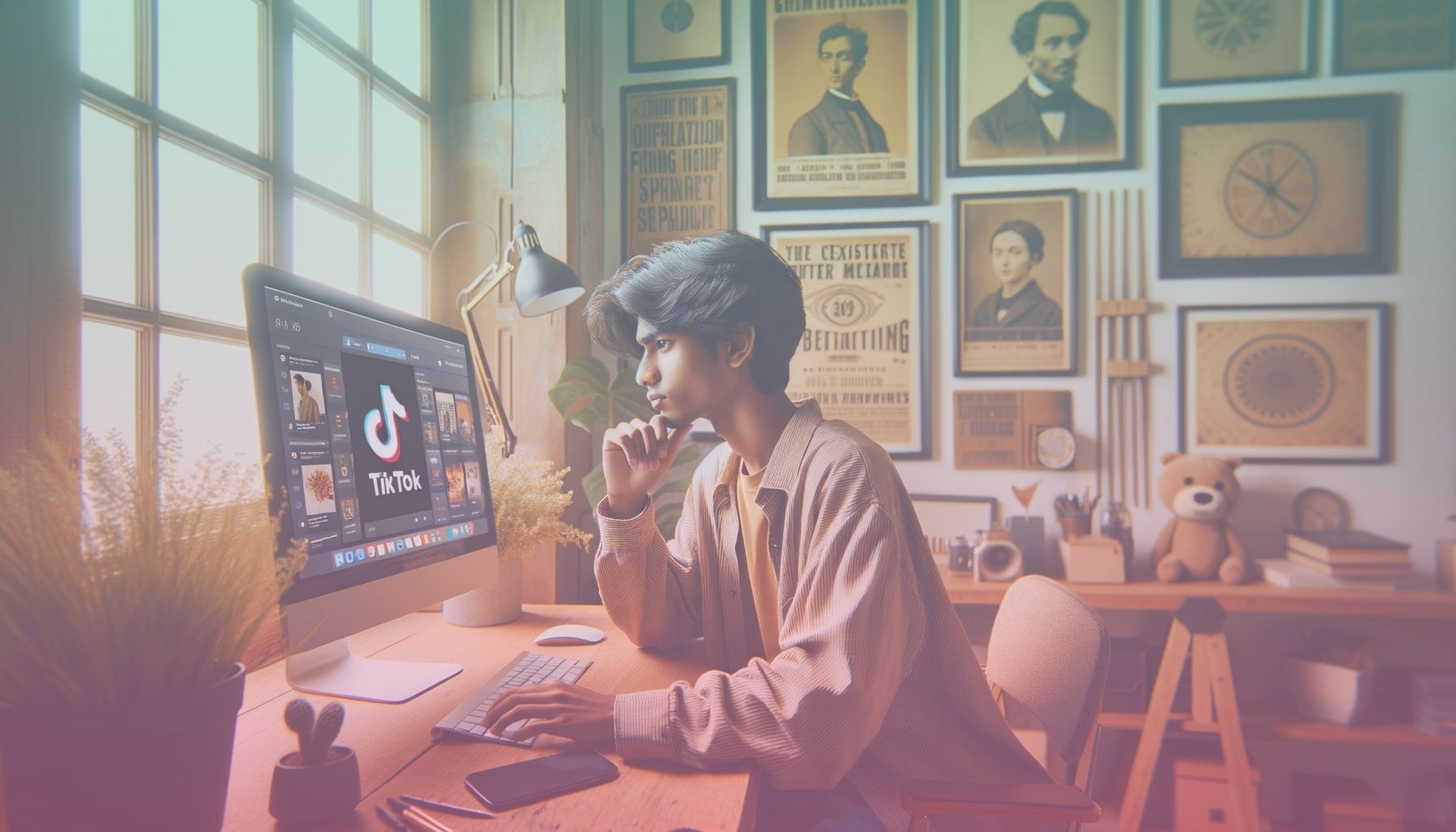 A young, diverse content creator interacting with a digital interface displaying a variety of TikTok templates. Their expression is focused, showcasing curiosity and creativity. working in a a modern home office environment with a sleek desk, computer screen showcasing template thumbnails. decorate with creative elements like plants and artistic posters, implying a space conducive to creativity and innovation.. Scene is lit with bright and natural, with an emphasis on enhancing the digital interface for clarity. soft shadows add depth, while a warm atmosphere suggests comfort and inspiration..