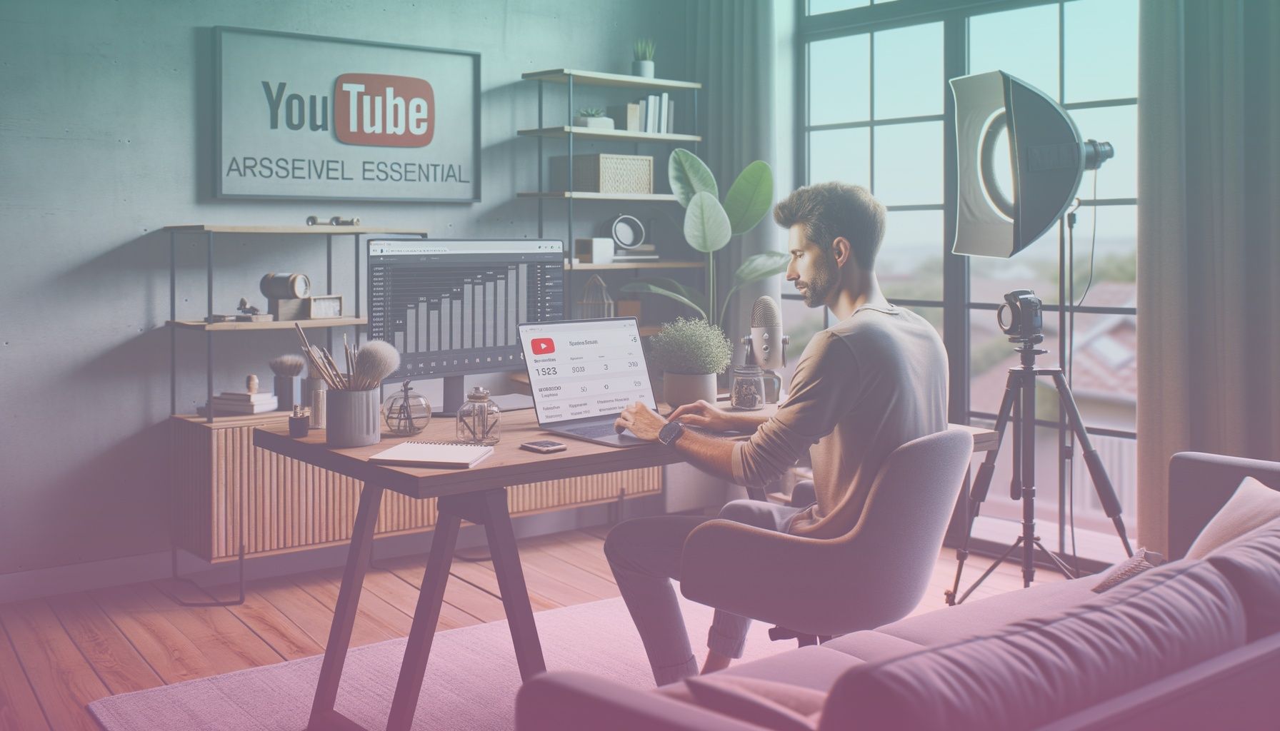 A confident content creator sitting at a well-organized desk with a laptop displaying YouTube analytics. working in a in a modern home office with a neat desk setup, including a standing microphone, softbox light, and a decorative plant. the environment reflects both creativity and professionalism, encouraging focus and creativity.. Scene is lit with natural daylight streaming through a window and soft ambient light create a warm atmosphere, highlighting the integrity and diligence of the setting. the mood is inviting yet focused, suggesting productivity..