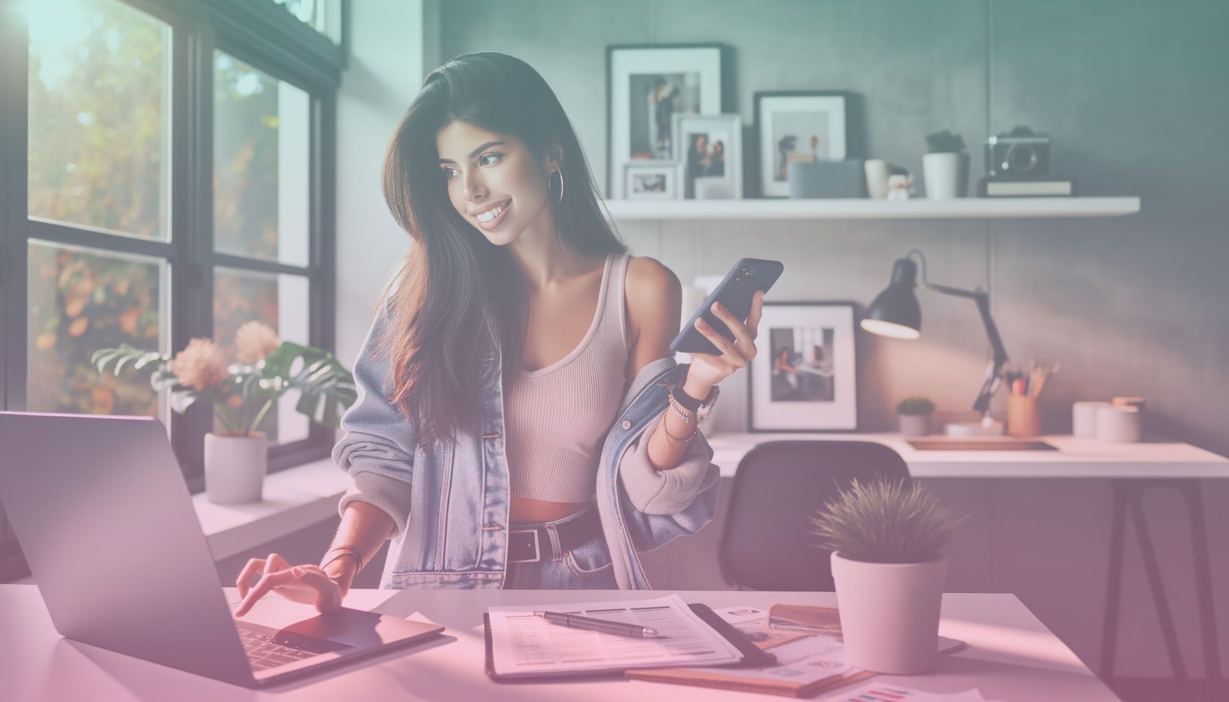 A young, trendy social media influencer using a smartphone and laptop simultaneously. working in a a modern, well-lit home office with a clean desk that includes a plant, photo frame, and notepad. the environment seems creative yet professional.. Scene is lit with soft natural sunlight streams through a window, casting gentle shadows. the atmosphere is vibrant and inspiring, correlating with the influencer’s dynamic interaction..