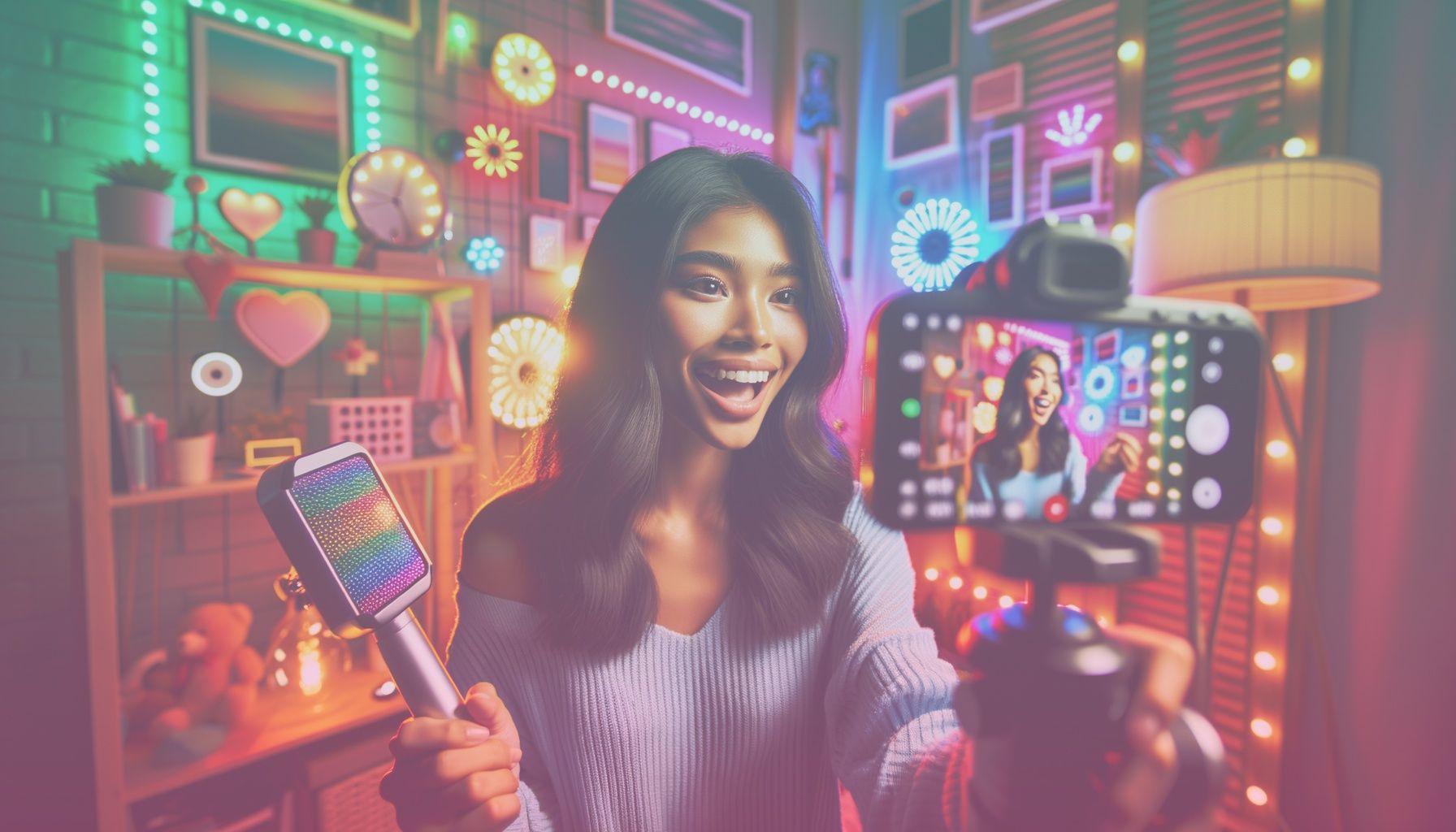 A young, dynamic content creator recording a TikTok video with a smartphone, embodying creativity and engagement. working in a in a trendy modern home studio filled with colorful led lights, creative gadgets, and a vibrant décor that reflects a youthful, high-energy ambiance. the environment should highlight the tools and atmosphere common in a content creator’s space.. Scene is lit with bright, colorful led lighting to create an energetic tone, emphasizing the vibrant and interactive nature of tiktok content creation. the atmosphere should feel dynamic and inspiring..