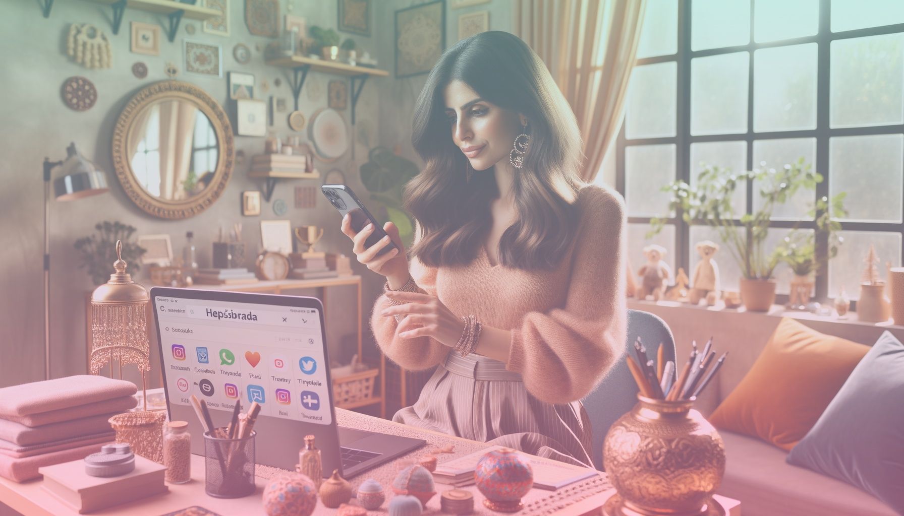 A confident influencer holding a smartphone with Hepsiburada and Trendyol apps visible on the screen. working in a a cozy, well-lit home office setting with a neatly arranged desk and laptop open, surrounded by lifestyle and fashion items indicative of influencer work. a beautifully decorated shelf in the backdrop adds depth and authenticity.. Scene is lit with soft natural lighting floods through a nearby window, casting gentle highlights and subtle shadows, enhancing an inviting and professional vibe in the room..