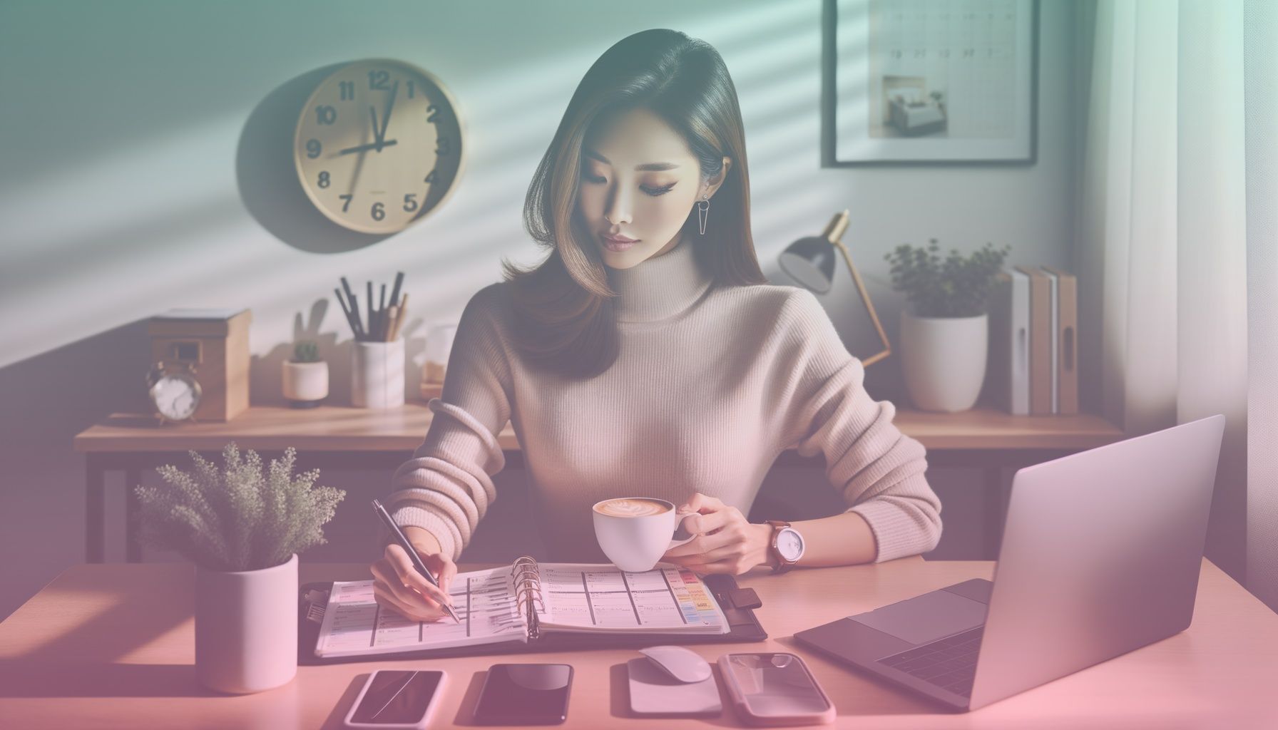 A dedicated influencer at a sleek, modern desk, focusing intently on a digital planner while sipping coffee, symbolizing productivity and organization. working in a a minimalist home office setting with a clean, clutter-free desk, surrounded by gadgets like a laptop, smartphone, and a chic wall clock. the environment is calm and professional, promoting focus. small plants and a perfect lighting arrangement contribute to a serene ambiance.. Scene is lit with soft, natural afternoon lighting with gentle shadows creating a warm, inviting atmosphere. the ambient light boosts the subject's presence, reflecting a focused and serene mood..