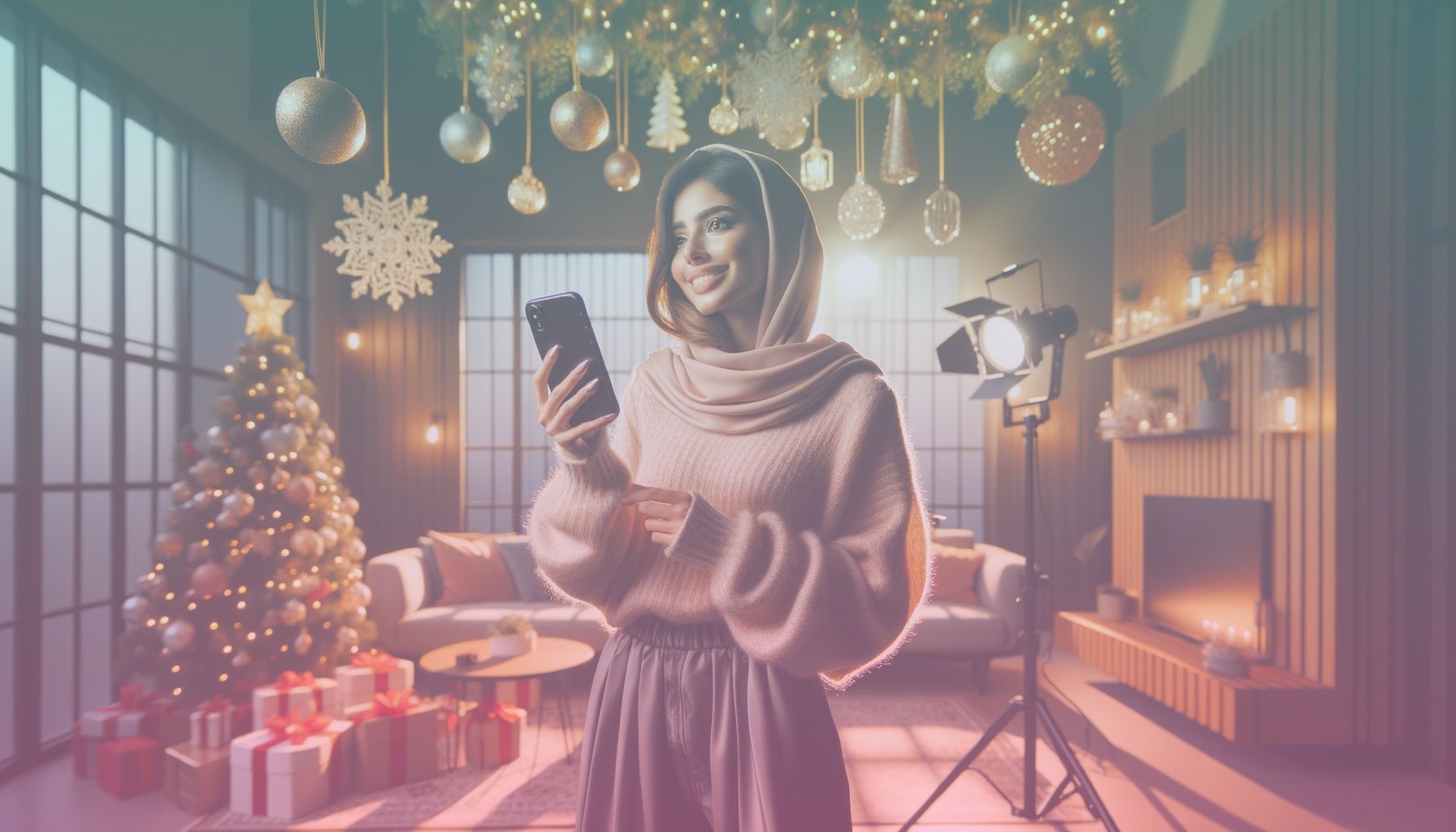 A lively influencer showcasing holiday gifts on an Instagram story interface, with a mobile phone in hand displaying story scripts. working in a a cozy, festive room decorated with holiday ornaments like garlands and fairy lights, adding warmth and joyous undertone. the environment includes a modern seating area and a softly lit background, enhancing the influencer's focus.. Scene is lit with warm and inviting lighting creates a festive glow, with soft highlights on the influencer to enhance authenticity. shadows add depth, reflecting a celebratory vibe consistent with the season..