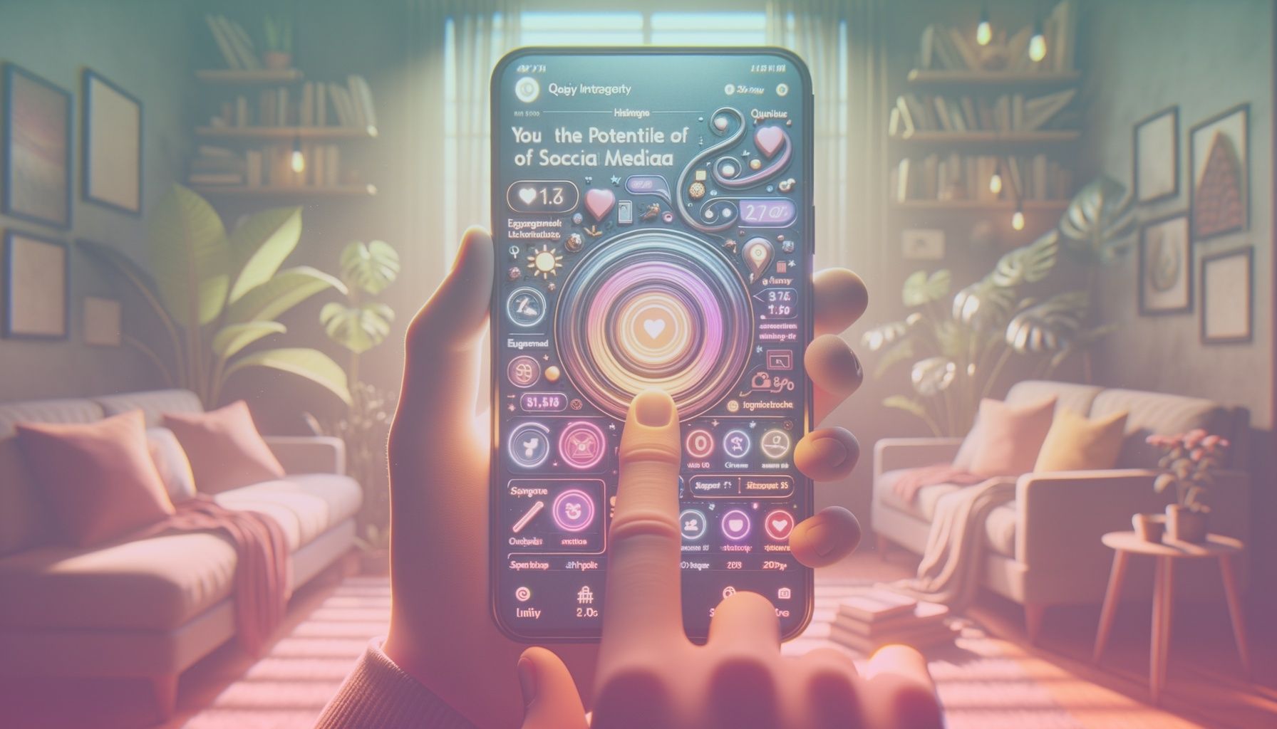 A smartphone displaying an Instagram story interface with a question sticker, clearly showing engagement statistics and colorful interactive elements. working in a an informal, cozy home environment with a soft couch and a warm-toned background, including elements like a potted plant and scattered books to emphasize relaxation and leisure interaction.. Scene is lit with soft, diffused indoor lighting creating a warm and inviting atmosphere, with balanced shadows enhancing depth. the light should reflect off the device's screen, highlighting its interface..