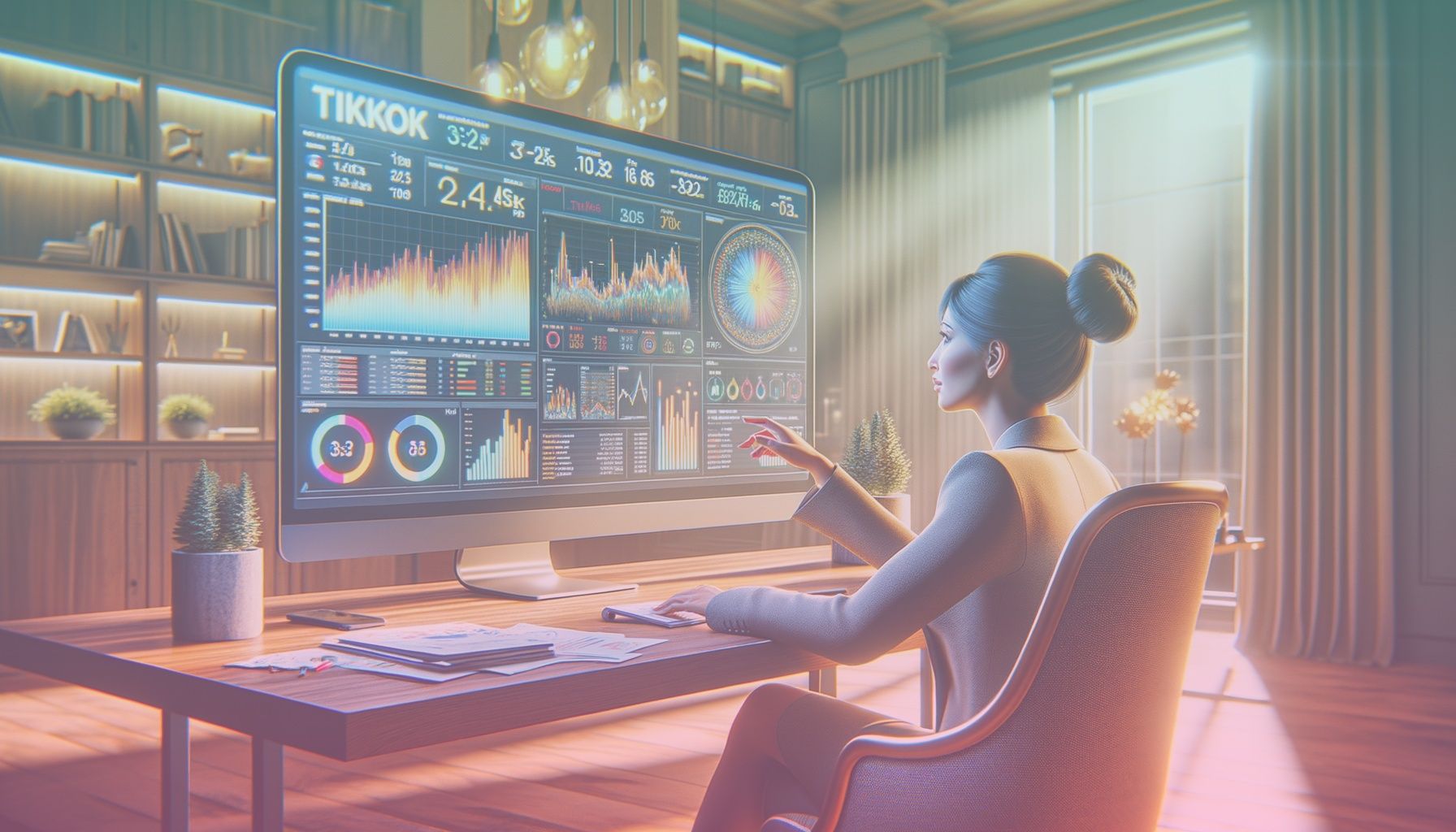 A digital marketing expert analyzing TikTok metrics on a modern computer screen, showcasing graphs and financial figures. working in a in a sleek, professional office setting with contemporary furniture and warm lighting. a wooden desk with scattered papers and digital devices complements the tech-savvy theme, enhancing realism.. Scene is lit with soft, ambient lighting creates a warm, inviting atmosphere, casting gentle shadows that define the subject’s features and enhance the screen's visibility. the atmosphere is focused yet approachable..