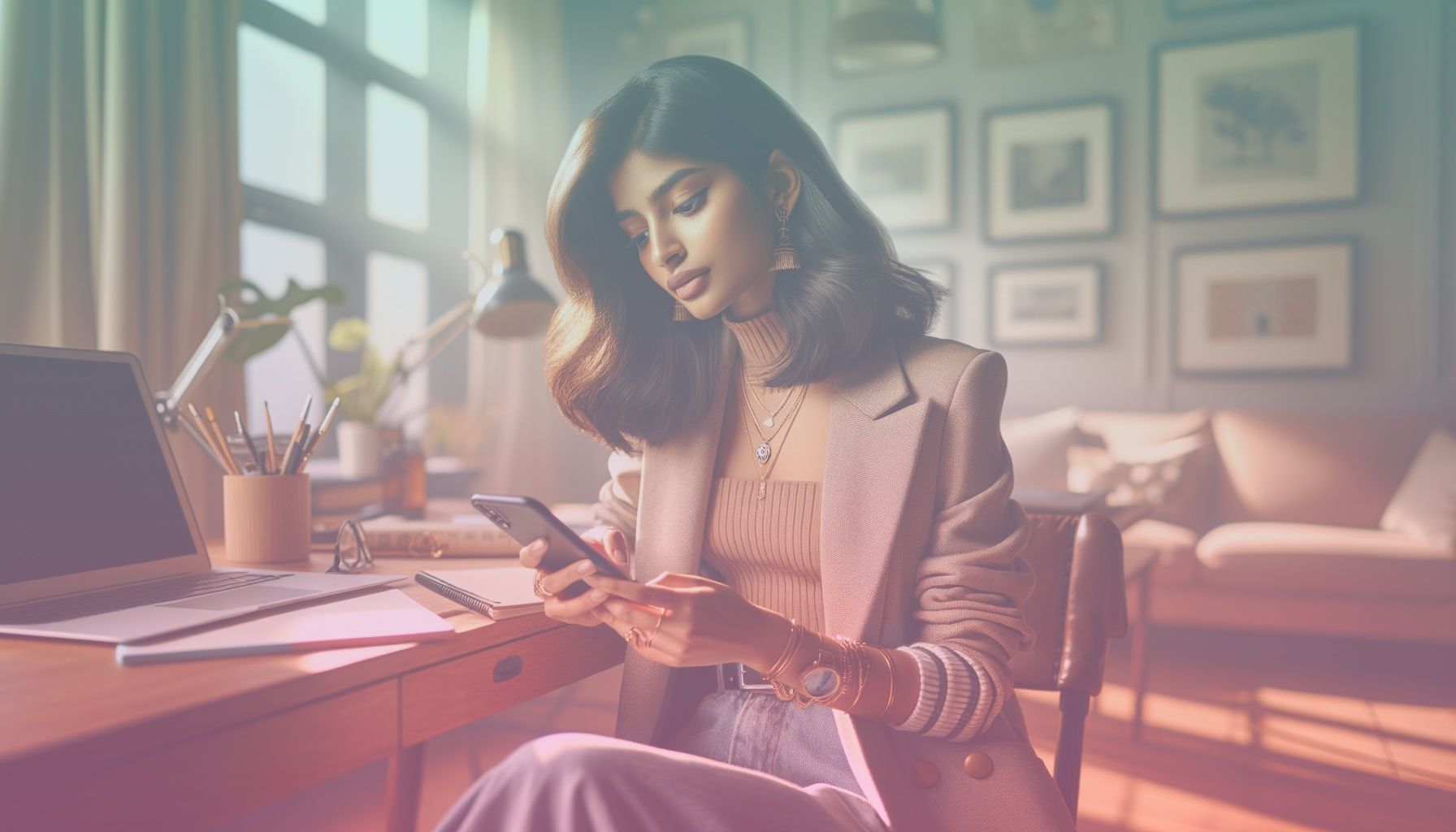 A young influencer managing their Instagram account, characterized by a fashionable outfit and focused expression. working in a in a stylish home office with some trendy decor items. natural light coming from a large window on one side adds warmth. atmosphere should convey a sense of creativity and concentration, with elements like a laptop, notebook, and phone scattered around to enhance authenticity.. Scene is lit with soft, natural lighting from the window creates gentle shadows. the atmosphere is vibrant, reflecting a blend of creativity and professionalism..