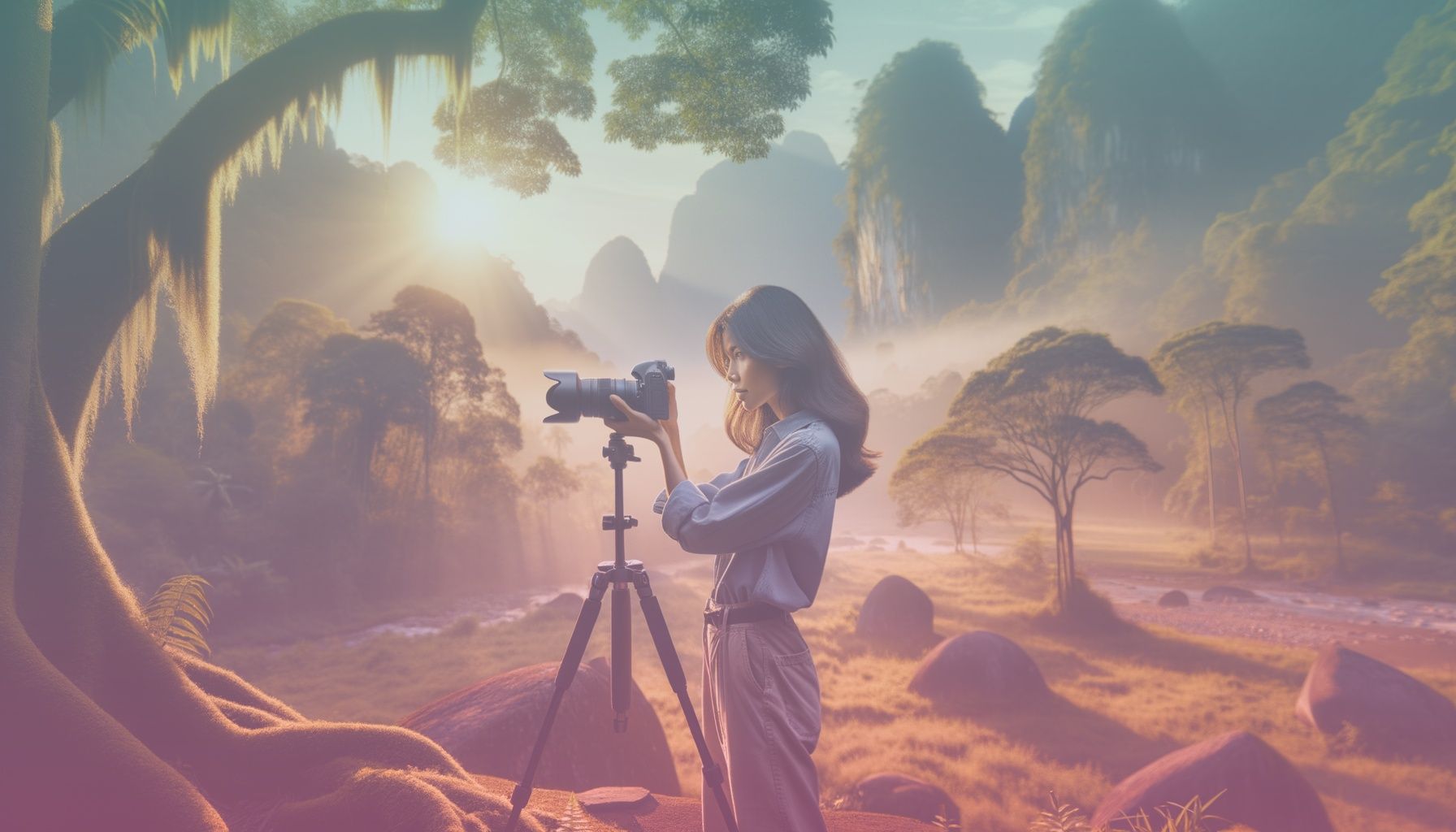 A skilled photographer capturing a breathtaking landscape. working in a the scene is set in a serene natural environment, like a lush forest or a scenic mountain backdrop, with elements like trees, rocks, or a river, providing context and enhancing the natural beauty. the photographer, equipped with a modern camera, stands near a tripod, focused on capturing the perfect shot.. Scene is lit with golden hour lighting bathes the scene, with soft shadows and highlights creating a warm and inviting atmosphere. the lighting accentuates the subject and vibrant environment, matching the reflective and creative tone of photography..