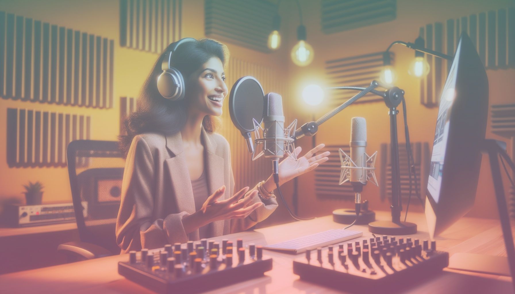 A person recording a podcast in a modern studio, surrounded by professional microphones and soundproofing materials. working in a in a vibrant, well-equipped podcast studio with neutral-colored sound panels, a mix of modern and retro audio gear, and soft lighting casting over a minimalist desk setup.. Scene is lit with warm and soft studio lighting enhance the subject, creating a focused yet relaxed environment that aligns with the educational and motivational tone of the blog..