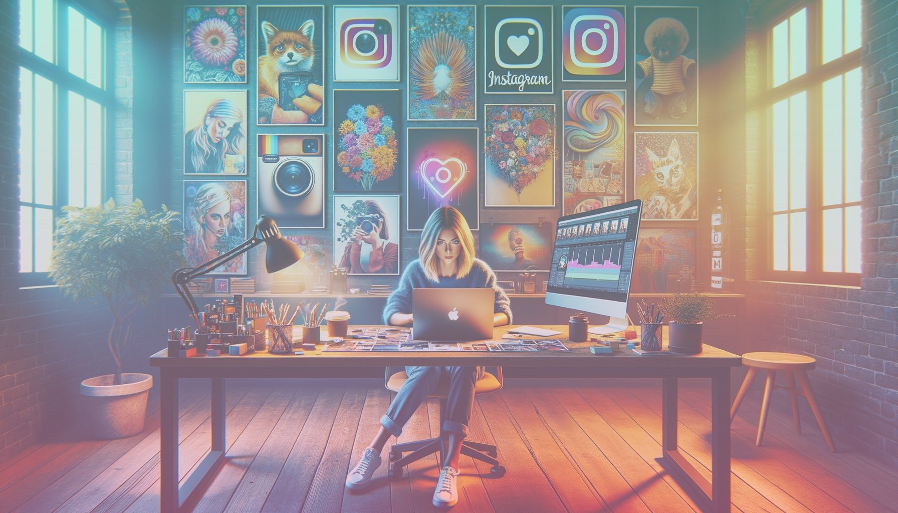 Bir sosyal medya influencer'ı, renkli ve dikkat çekici bir Instagram gönderisi hazırlarken. working in a stil sahibi bir ofis ortamı, duvarlarda instagram esinli posterler ve bir masa üzerinde dizüstü bilgisayar, kahve fincanı gibi yaratıcı bir düzen var.. Scene is lit with aydınlık ve enerjik bir atmosfer, doğal ışık kaynaktan masaya yayılıyor ve sıcak bir ortam yaratıyor..