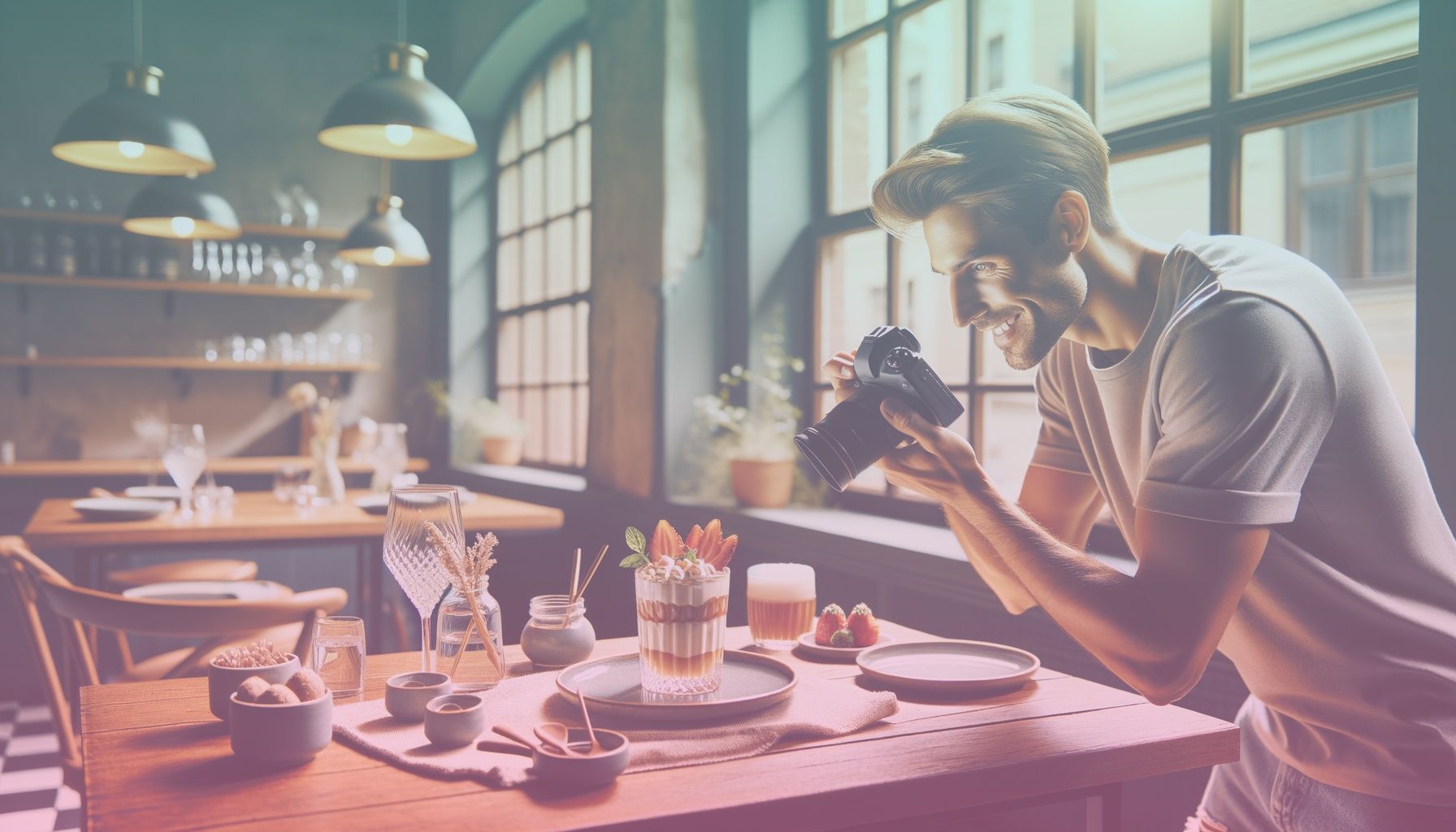 Bir sosyal medya influencer'ı, modern bir cafe ortamında çekici bir yemek veya içecek sunumunu inceliyor ve fotoğraflıyor. working in a şık dekore edilmiş bir cafe iç mekanı, rahat ve davetkar bir atmosfer sağlayan yumuşak renk tonları ile dekore edilmiş, masada yarı dolu bir bardak ve birkaç aksesuar yer alıyor.. Scene is lit with doğal gün ışığı ile birleşmiş sıcak tonlu bir aydınlatma, sahnenin canlandırıcı ve otantik bir atmosferde görünmesini sağlıyor. loş gölgeler mekana derinlik katıyor..