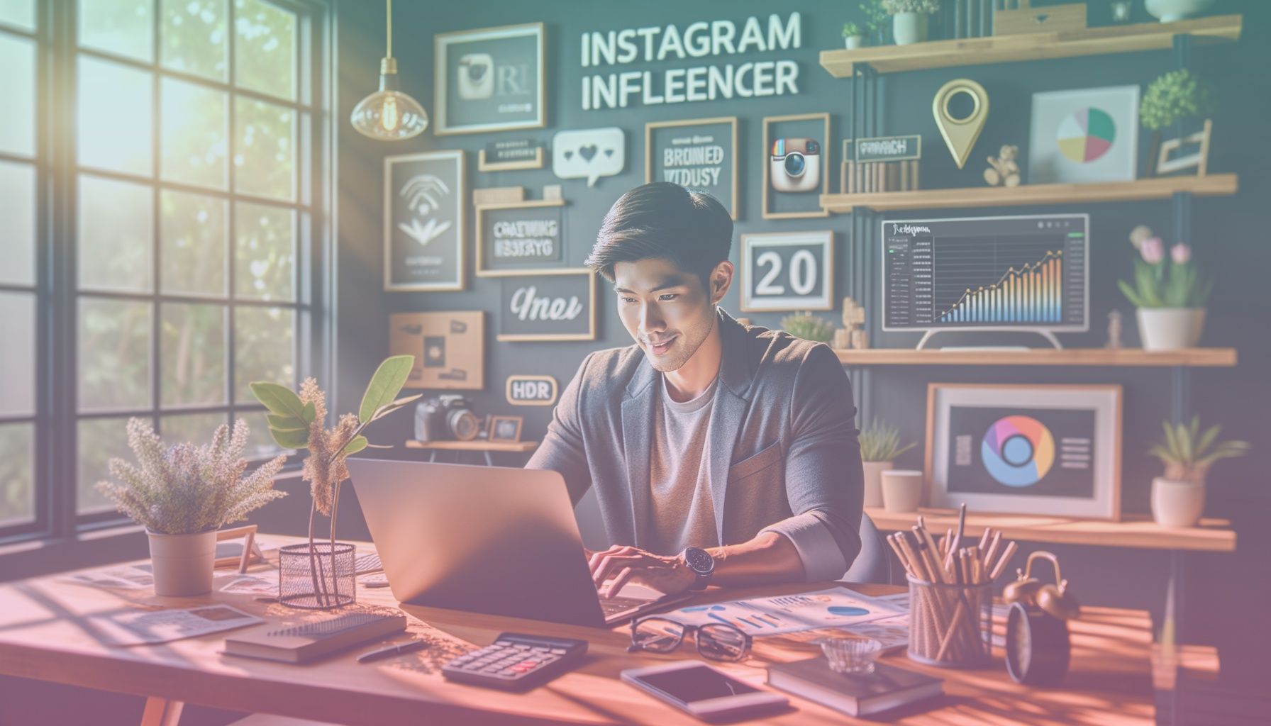 A successful Instagram influencer seated at a desk with a laptop, actively engaging with followers and analyzing marketing strategies. working in a a modern home office environment, complete with brand merchandise and digital devices. the setting is vibrant yet professional, reflecting creativity and business acumen. shelves filled with books on marketing and influencer industry awards accentuate the room, providing insights into the influencer's expertise.. Scene is lit with natural daylight filters through large windows to create a warm and inviting ambiance. shadows are soft, and highlights accentuate key details like the influencer's focused expression and branded materials, embodying a blend of excitement and professionalism..