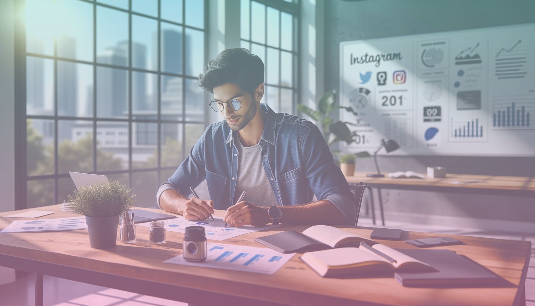 A digital marketer sitting at a modern desk analyzing Instagram advertising metrics. The marketer is a relatable professional, dressed casually with glasses, depicting focus and digital savviness. working in a the setting is a bright, contemporary office with elements like a sleek computer setup, a notepad, and a smartphone. these items highlight the digital marketing theme. a large window views a cityscape, adding a professional yet inviting ambiance, while a whiteboard with marketing notes adds depth.. Scene is lit with natural daylight floods the room, creating a vibrant atmosphere. the subject is well-lit, enhancing features and expressions, while the ambient lighting sets a professional tone, balancing shadows and highlights..