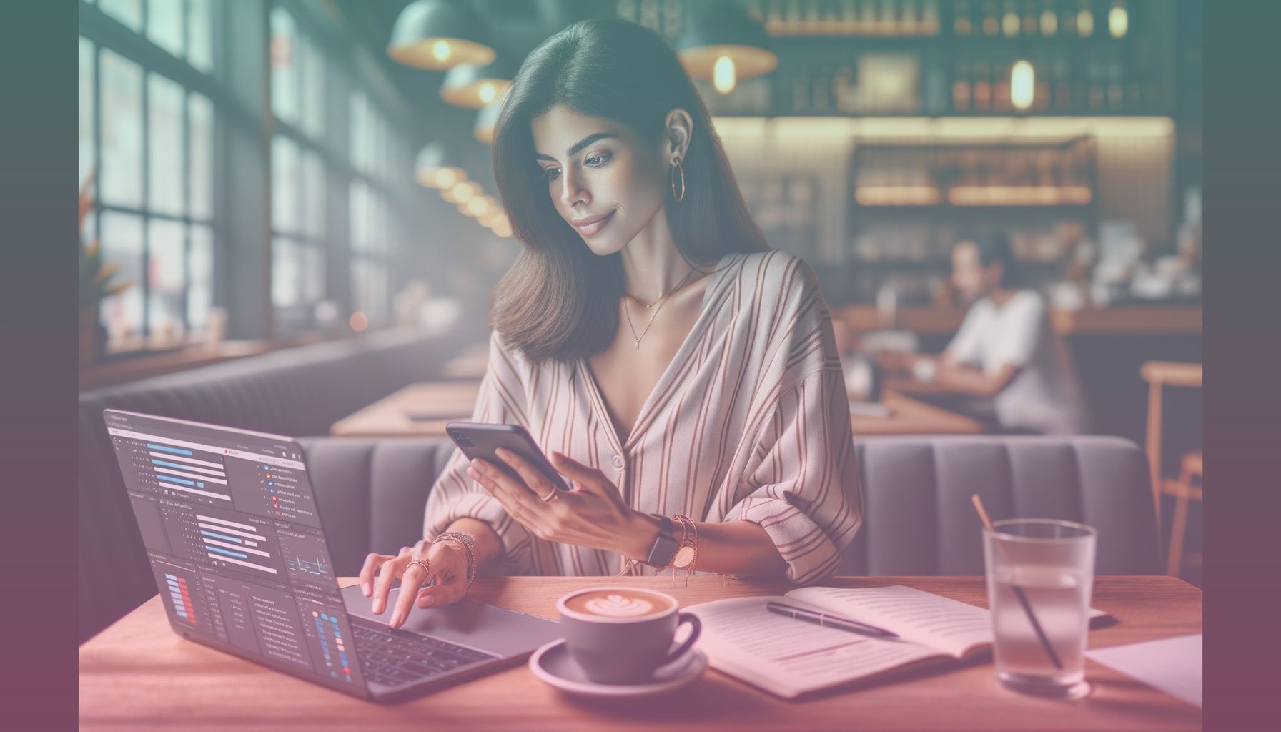 An influencer typing on a smartphone, representing the intersection of technology and creativity in social media. working in a a cozy, modern cafe filled with warm, ambient lighting, emphasizing a relaxed, creative atmosphere. the casual setup includes a laptop open on the table, a coffee cup beside it, and the smartphone as the focal point, illustrating multitasking in content management.. Scene is lit with soft, warm lighting creates inviting shadows and highlights, signifying a comfortable and engaging workspace. the calm atmosphere aligns with strategic planning and content creation, fostering thoughtfulness and creativity..