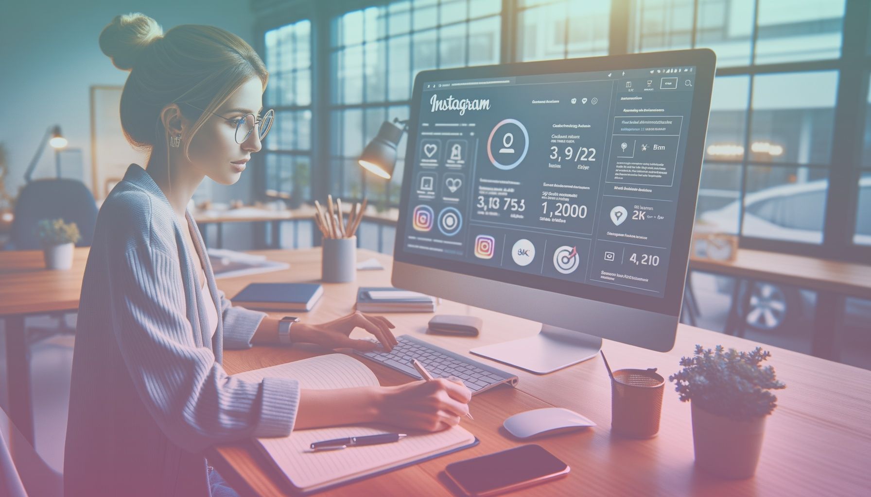 Bir sosyal medya uzmanı, bilgisayar başında Instagram reklam verilerini analiz ediyor. working in a modern bir ofis ortamında, bilgisayar ekranında instagram reklam arayüzü açık. çalışma masası üzerinde defter, kalem ve akıllı telefon bulunmakta.. Scene is lit with ekstra aydınlık bir ofis ambiyansı, doğal ışık kaynağı ile ekran ışığı dengelenmiş. atmosfer profesyonel ve motivasyonu yüksek..