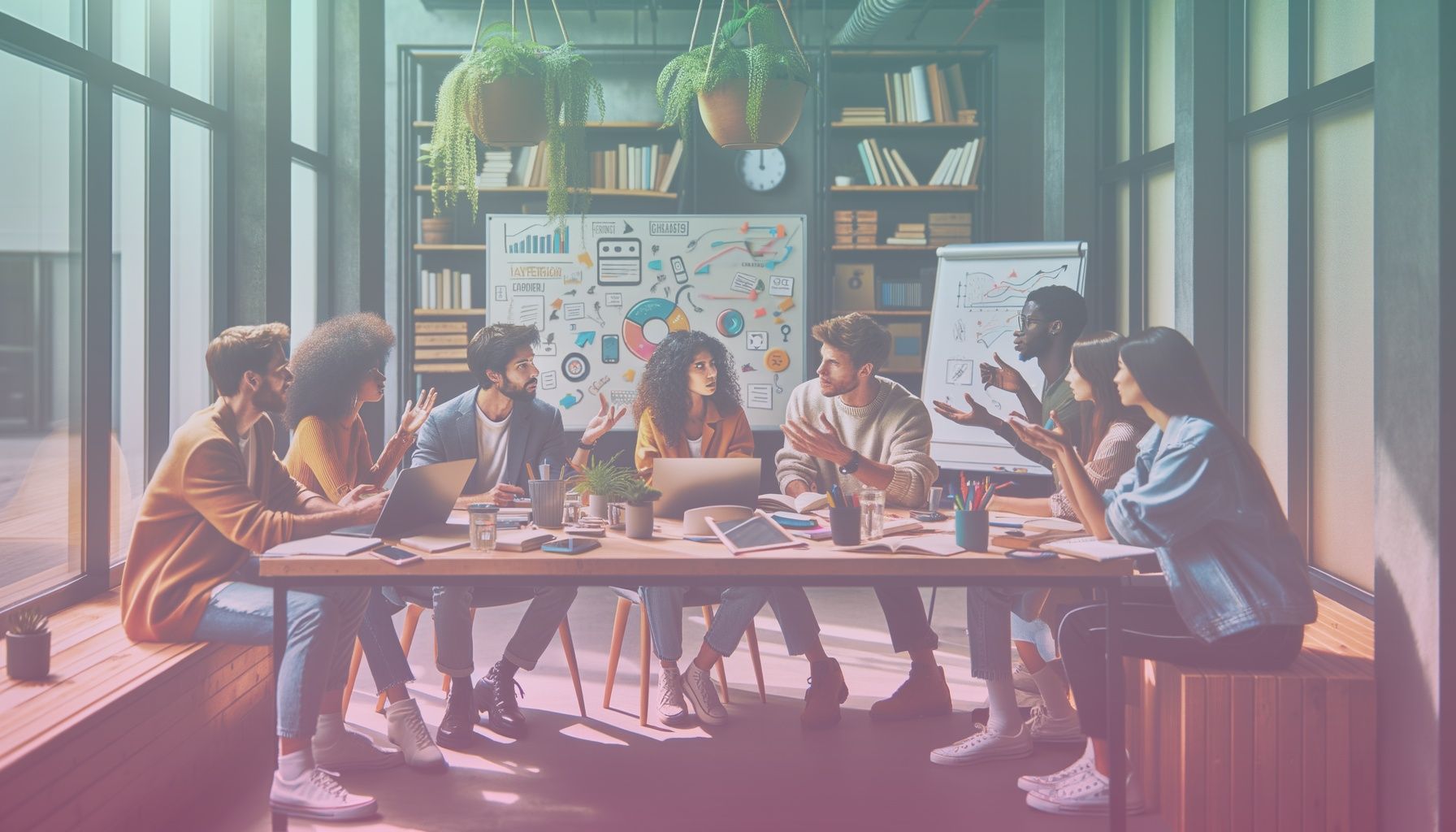 A diverse group of individuals brainstorming with a laptop, smartphone, and vivid charts. working in a a modern co-working space filled with plants, books, and a large whiteboard, providing a collaborative atmosphere.. Scene is lit with natural daylight streaming through large windows, casting soft shadows; an atmosphere of vibrant creativity..