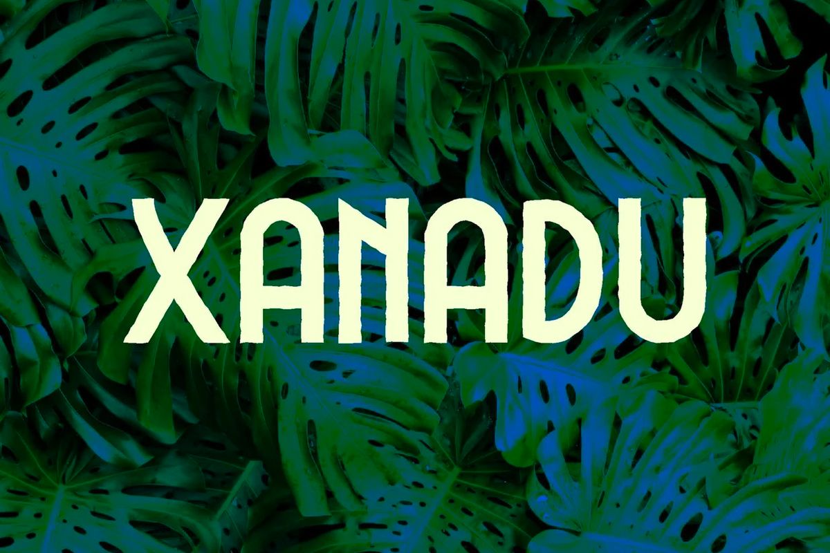 Solarised image of green fern leaves with yellow text reading 'Xanadu'