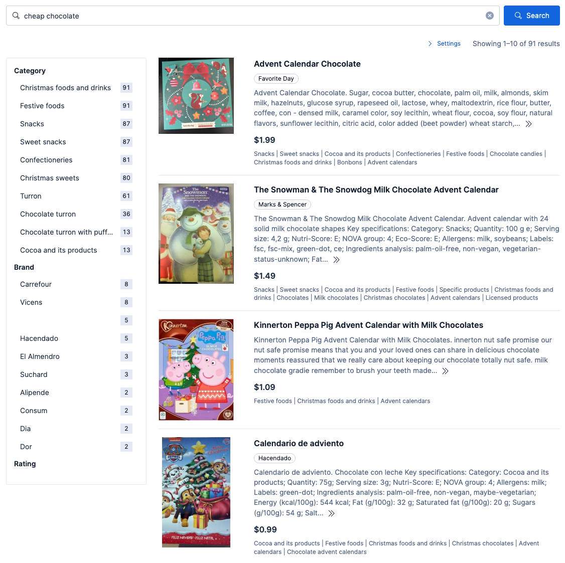 Search results page showing a query for “cheap chocolate,” with category and brand filters on the left and a list of chocolate advent calendar products with images, prices, and product details on the right.