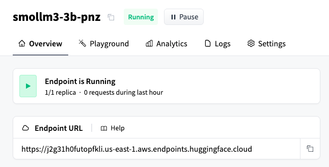 Dashboard view of a Hugging Face inference endpoint named “smollm3‑3b‑pnz,” showing a green Running status, one active replica, zero requests in the last hour, navigation tabs, and the displayed endpoint URL.