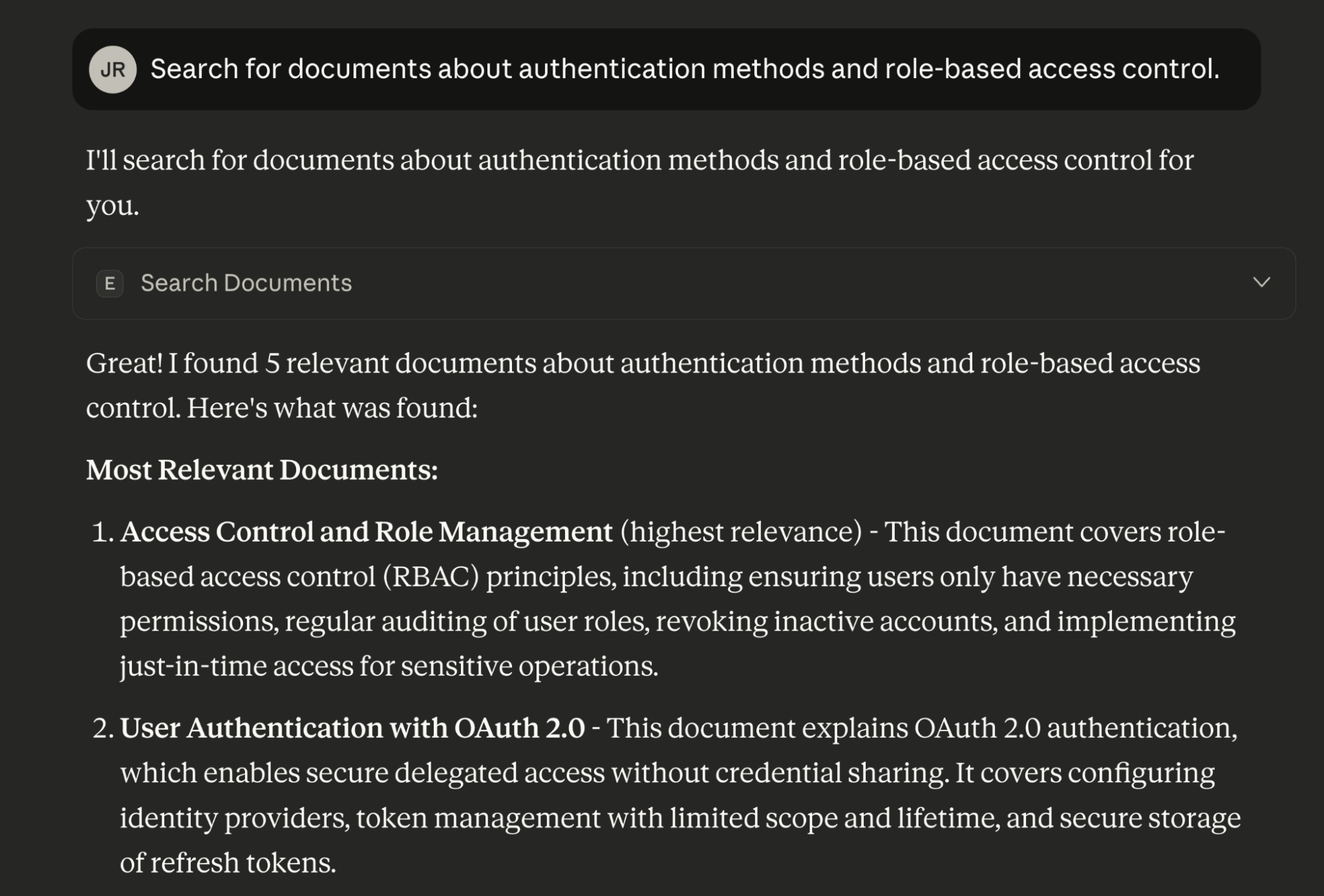 User search request in Claude Desktop chat for documents about authentication methods and role-based access control, along with Claude's responses.