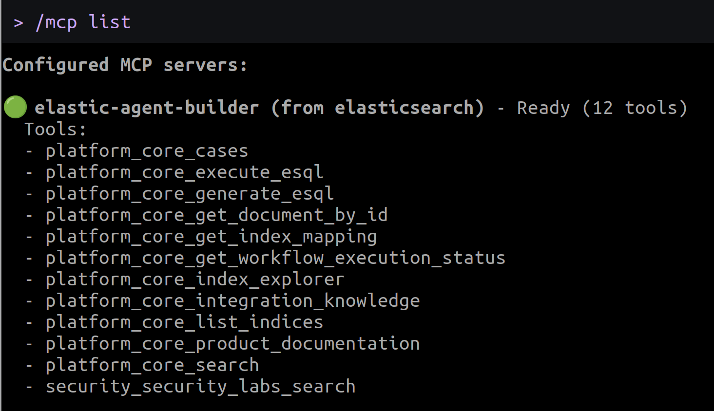 The `elastic-agent-builder` MCP server with the list of tools.