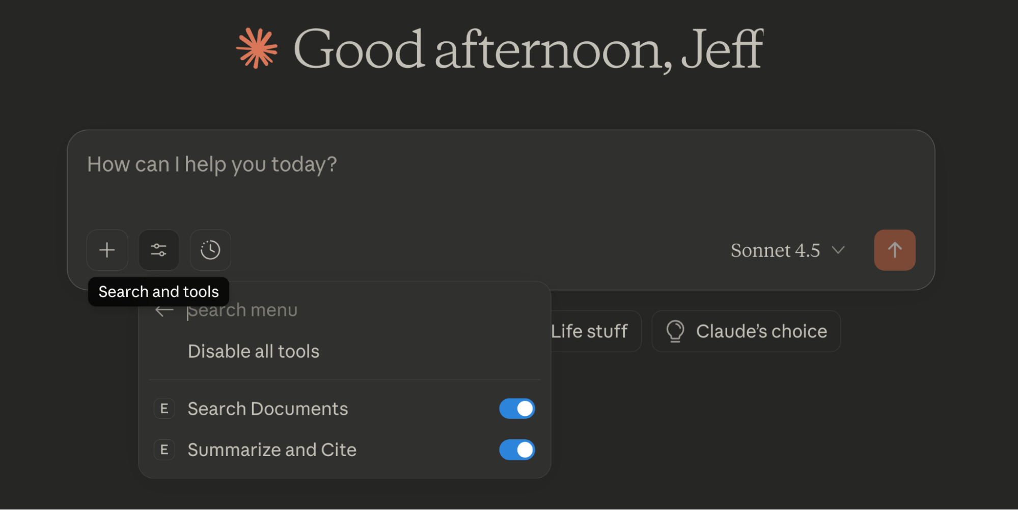 Claude 4.5 Sonnet page, with the note, "Good afternoon, Jeff. How can I help you today?"
