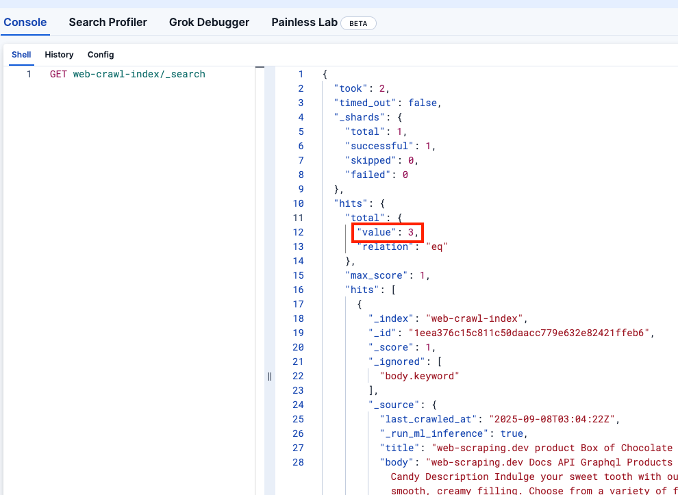 Kibana DevTools code to confirm the web-crawler-index is setup correctly.