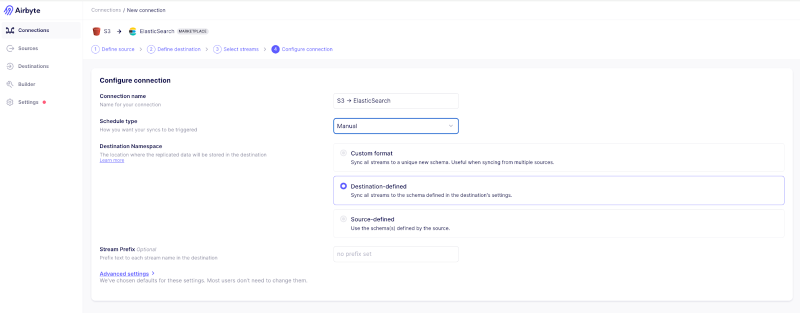 Clicking on Set up Connection in Airbyte