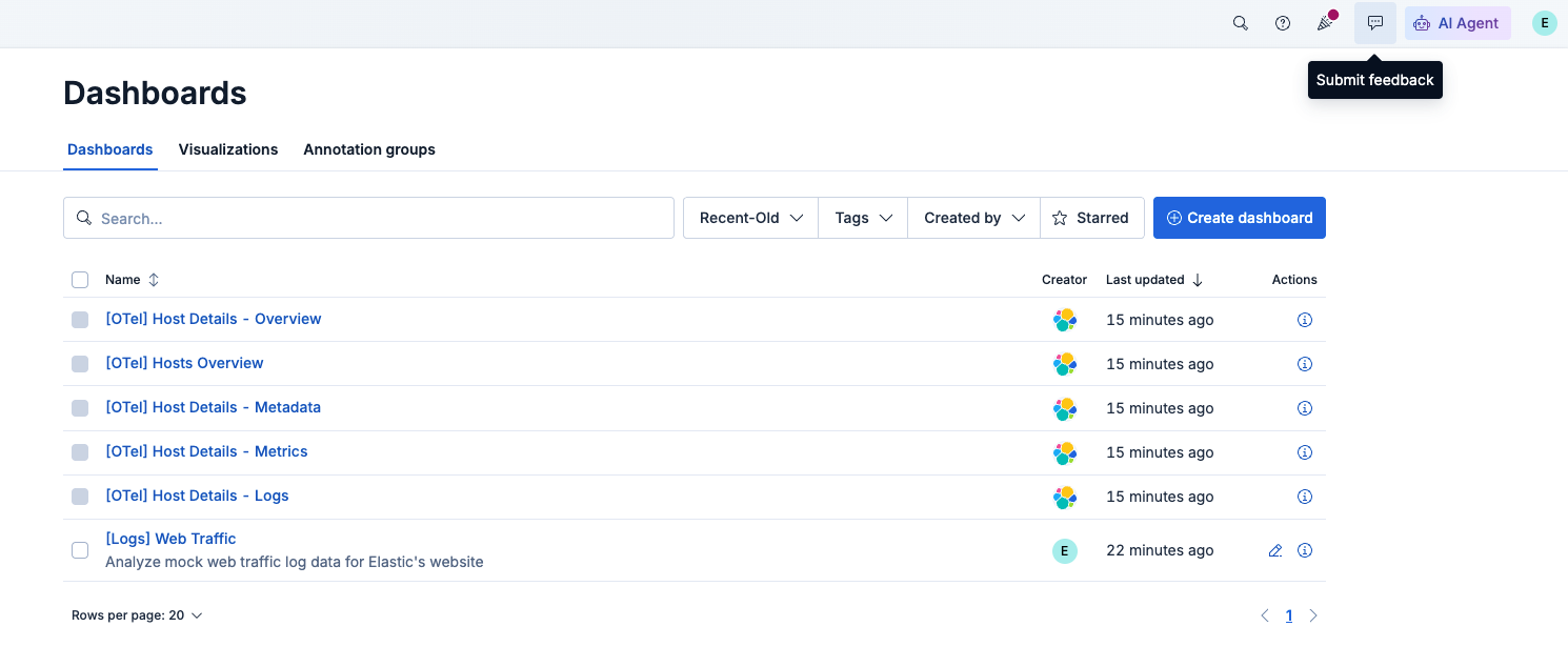 Dashboard management page showing a list with one entry titled “[OTel] Host Details – Overview,” alongside filters, a search bar, a “Create dashboard” button, and an option to submit feedback.