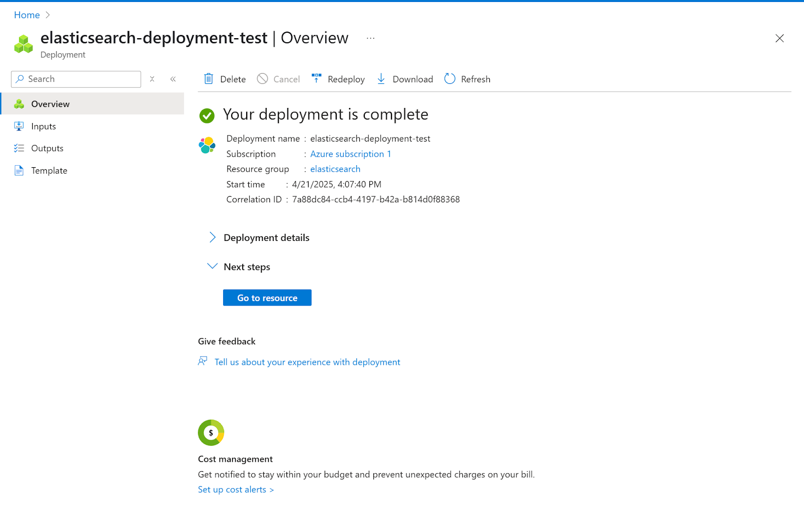 An image showing how to navigate to the go to resources button, after Elastic Cloud is deployed.