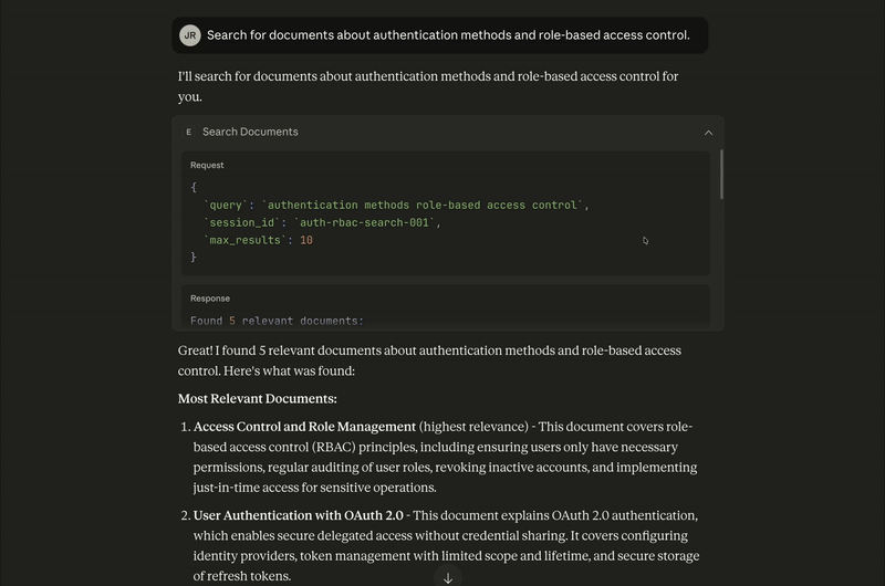 Claude 4.5 Sonnet page, with scrolling responses that include the five relevant documents about authentication methods and role-based access control.