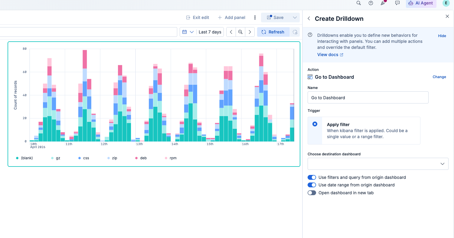 Dashboard showing a stacked bar chart by date with color‑coded file types and a drilldown configuration panel on the right.