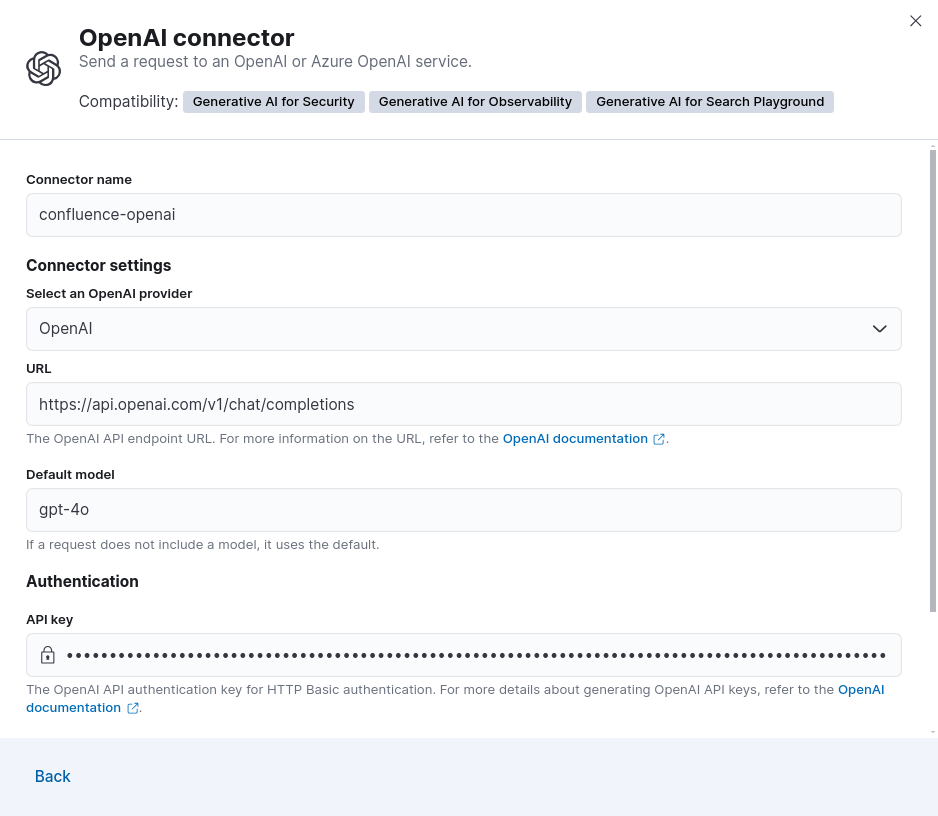 Elastic Playground OpenAI connector to chat with data