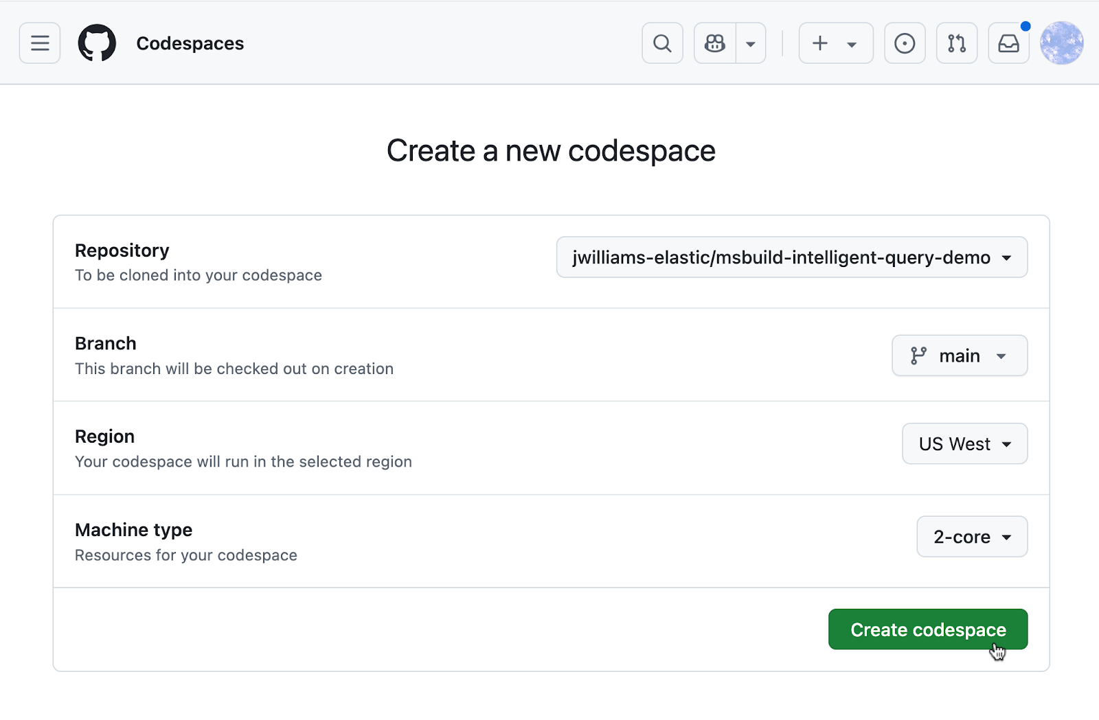 Repository drop-down and clicking Create Codespace.