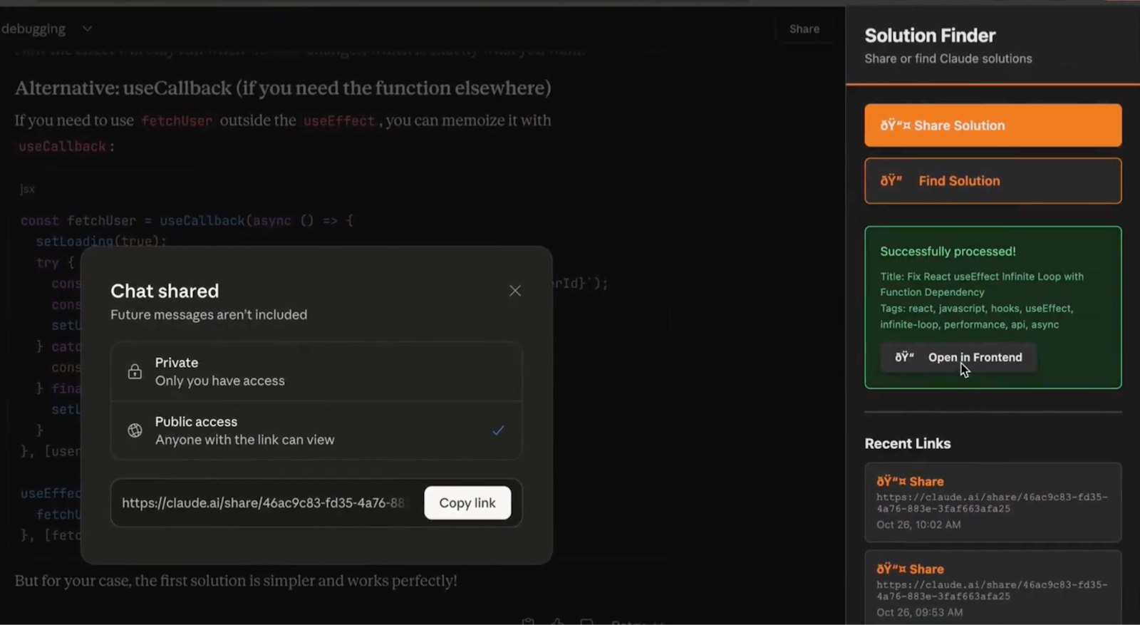 Clicking “Share Solution” will scrape the current session along with relevant metadata