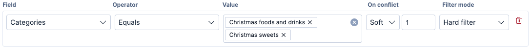 User interface showing a search policy rule with field set to Categories, operator set to Equals, values “Christmas foods and drinks” and “Christmas sweets,” conflict handling set to Soft with priority 1, and filter mode set to Hard filter.