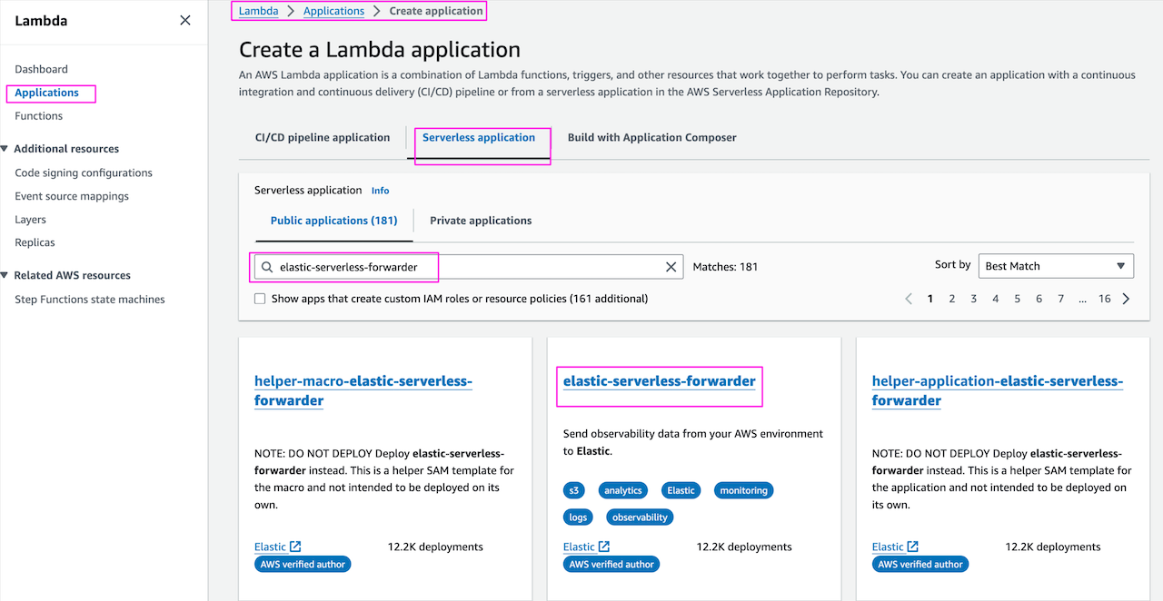 search for elastic-serverless-forwarder