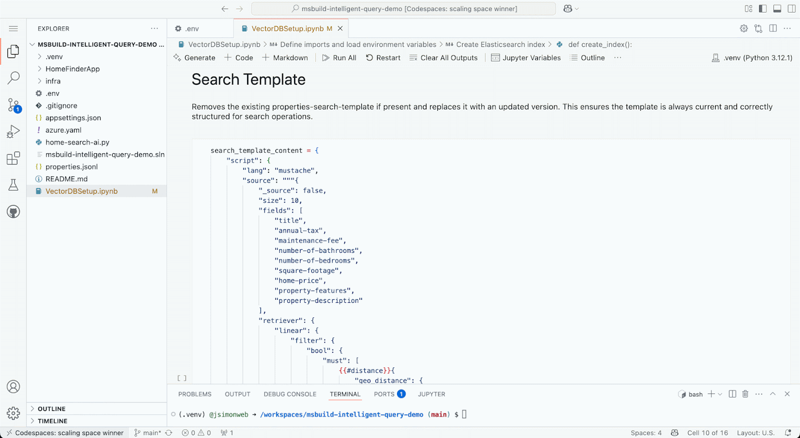 Creating an Elasticsearch search template using Codespaces Notebook.