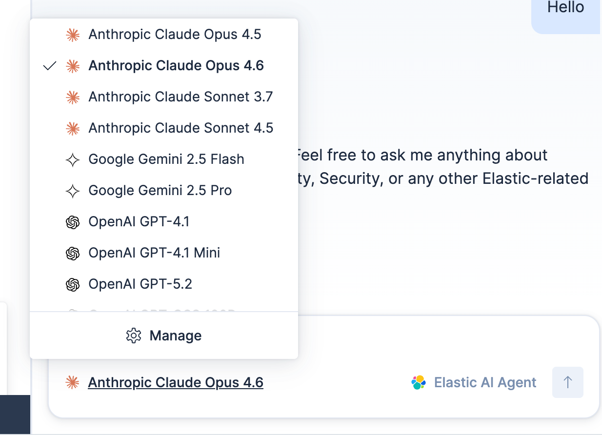 Dropdown menu showing multiple AI model options from Anthropic, Google, and OpenAI, with “Anthropic Claude Opus 4.6” selected and displayed alongside the Elastic interface.