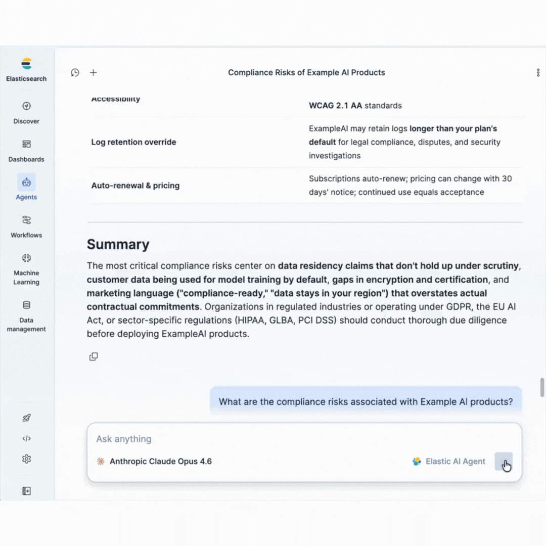 Elastic AI Agent interface, scrolling, showing a comparison table between the company’s holiday policy and French labor‑law holiday entitlements, generated in response to a workplace inquiry.