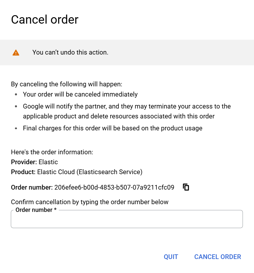 Cancel Elastic Cloud order cancelation on Google Cloud Marketplace