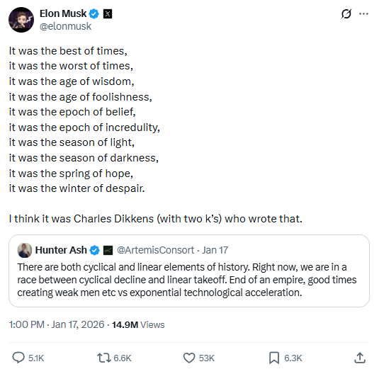 A Twitter post in which Elon Musk shares lines from A Tale of Two Cities followed by a comment, with a quoted tweet below discussing cyclical and linear elements of history.