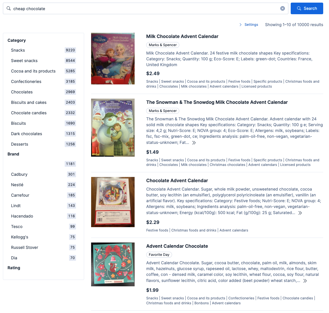 Search results page for the query “cheap chocolate,” showing category and brand filters on the left and a list of chocolate products on the right, including multiple advent calendars with images, prices, categories, and a displayed total of 10,000 results.