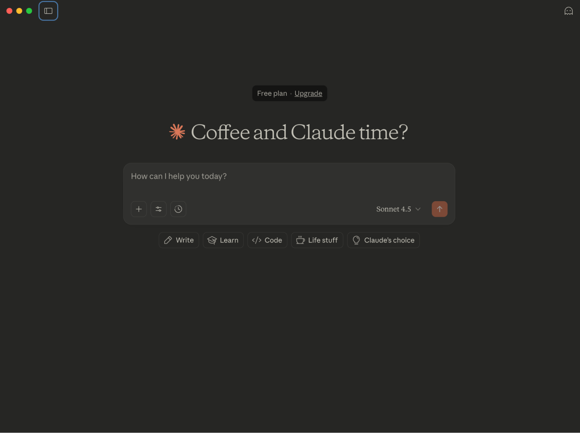 Claude 4.5 Sonnet page, with the note, "Coffee and Claude time? How can I help you today?"
