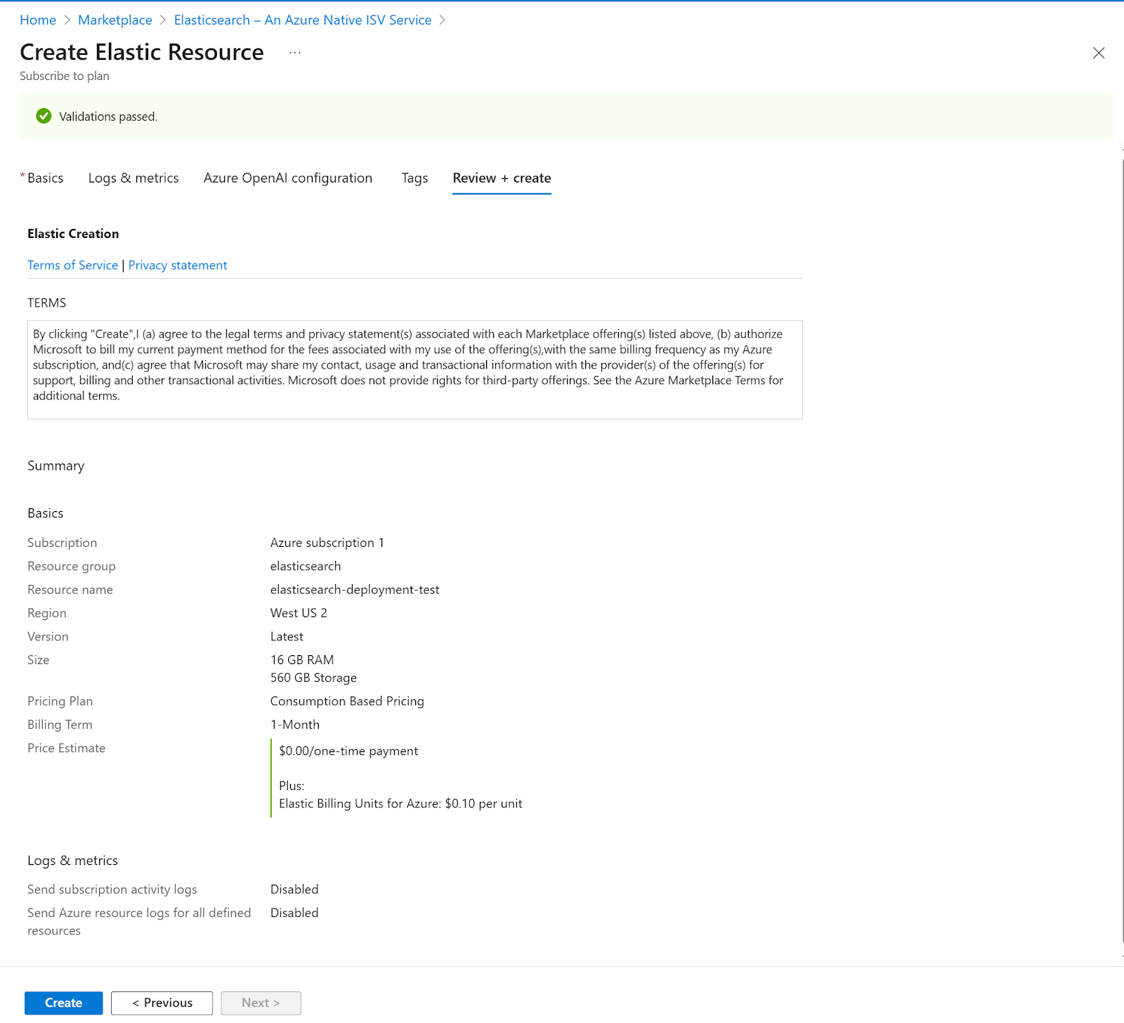 How to review the Elastic creation, Terms of Service and Privacy Statements.